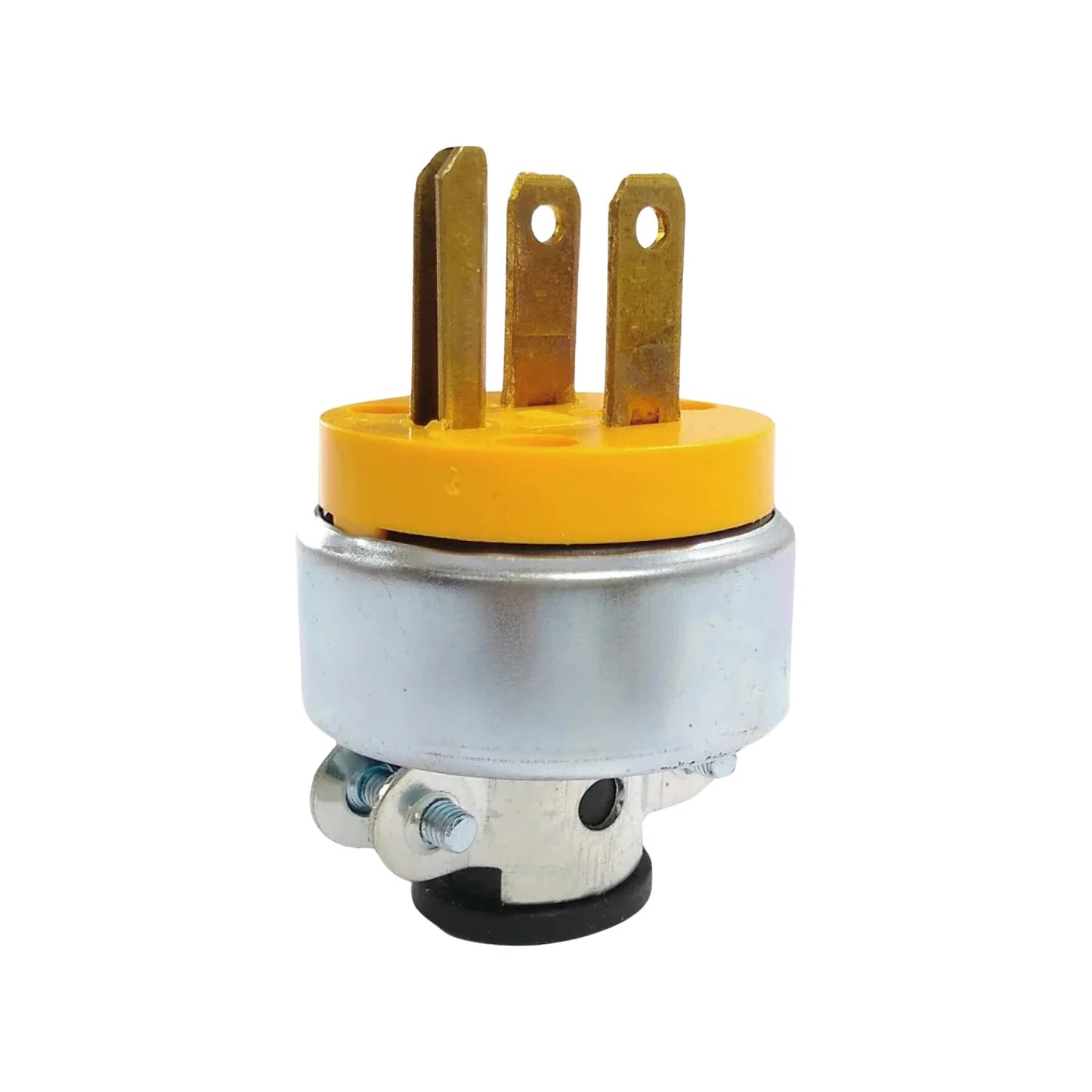 Clavija industrial eléctrica con tierra, 3 polos, cuerpo metálico y capuchón amarillo para uso rudo