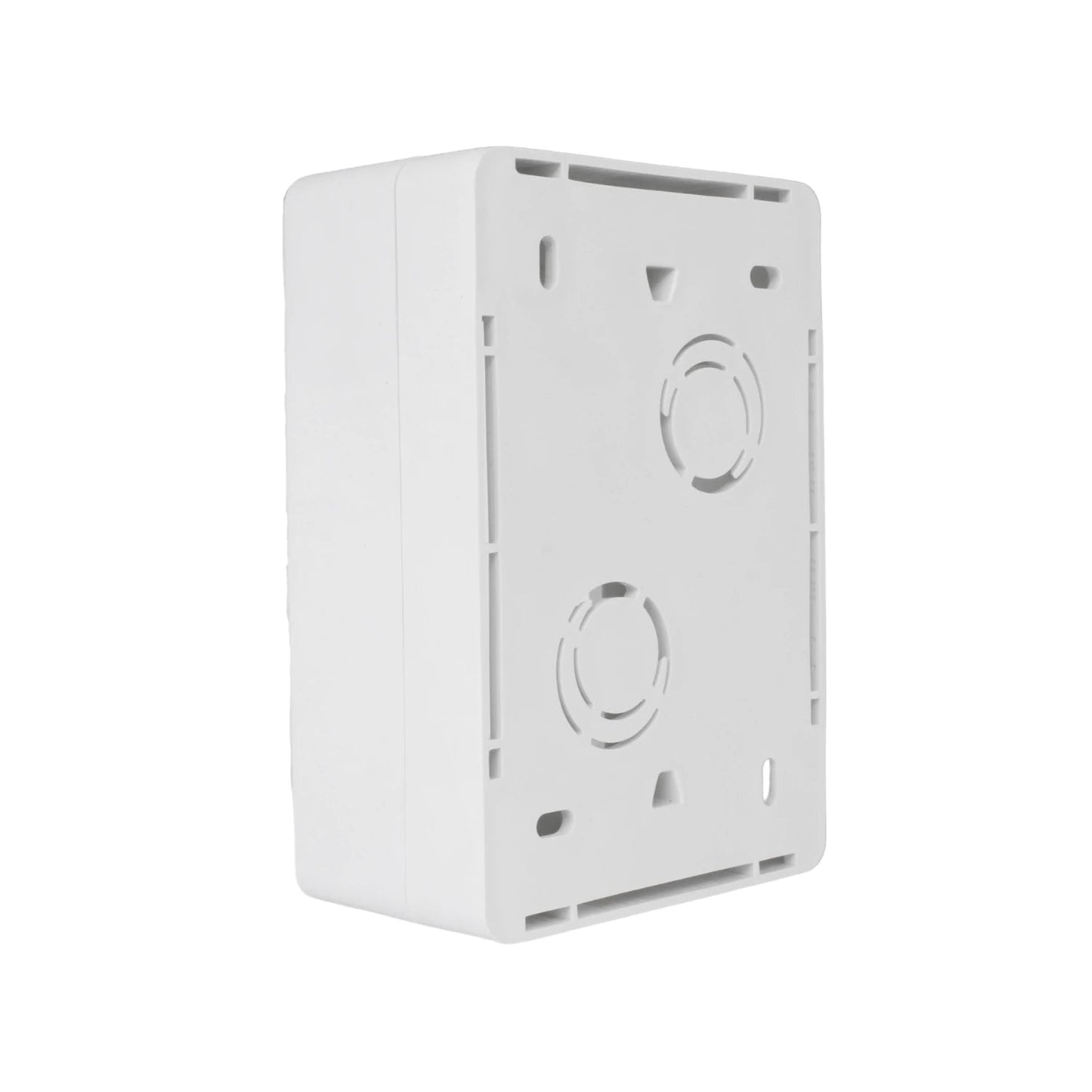 Caja de plástico universal blanca con troqueles de entrada de cable y puntos de montaje para instalaciones eléctricas.