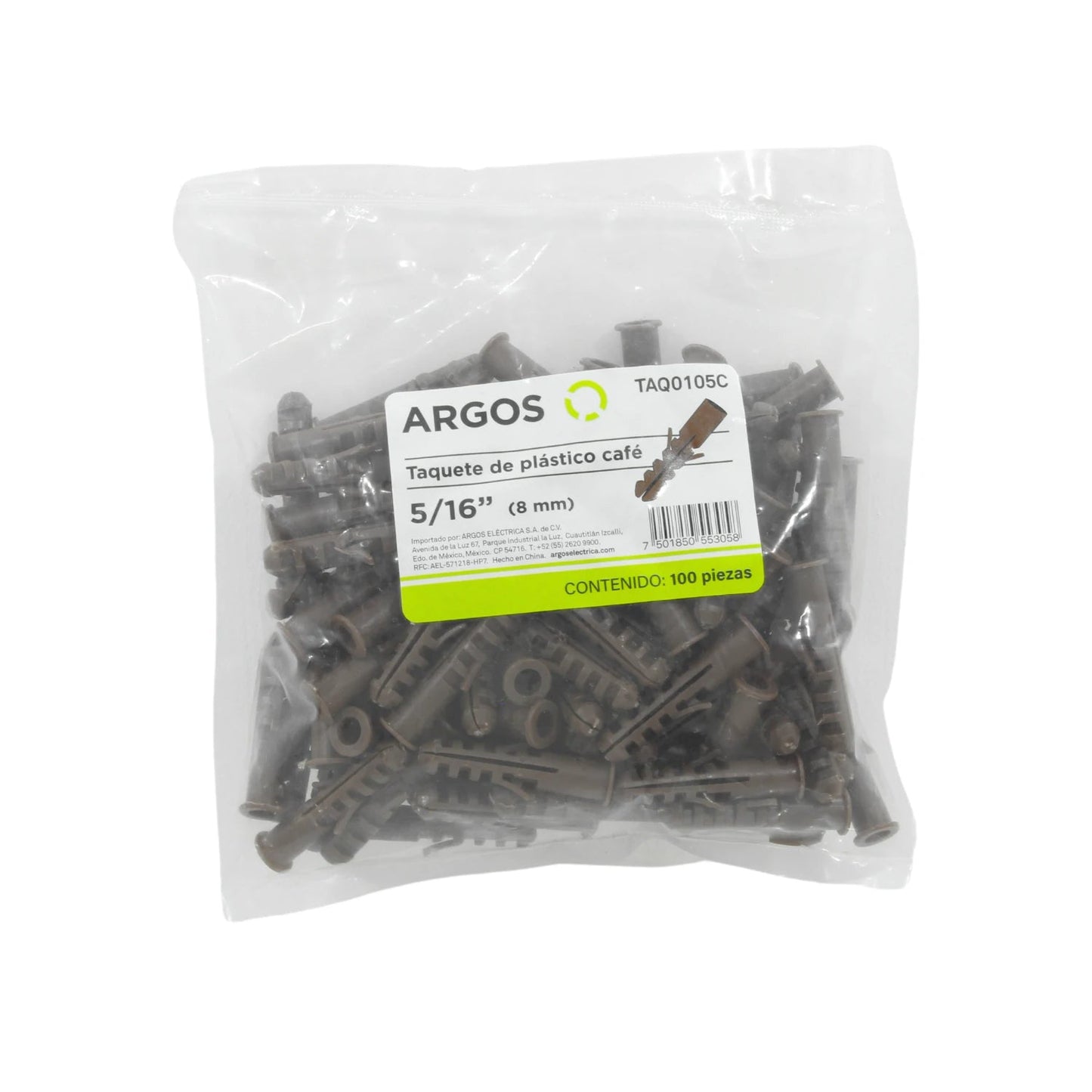 Paquete de 100 taquetes de plástico café Argos de 5/16 pulgadas (8mm) para fijación en pared.