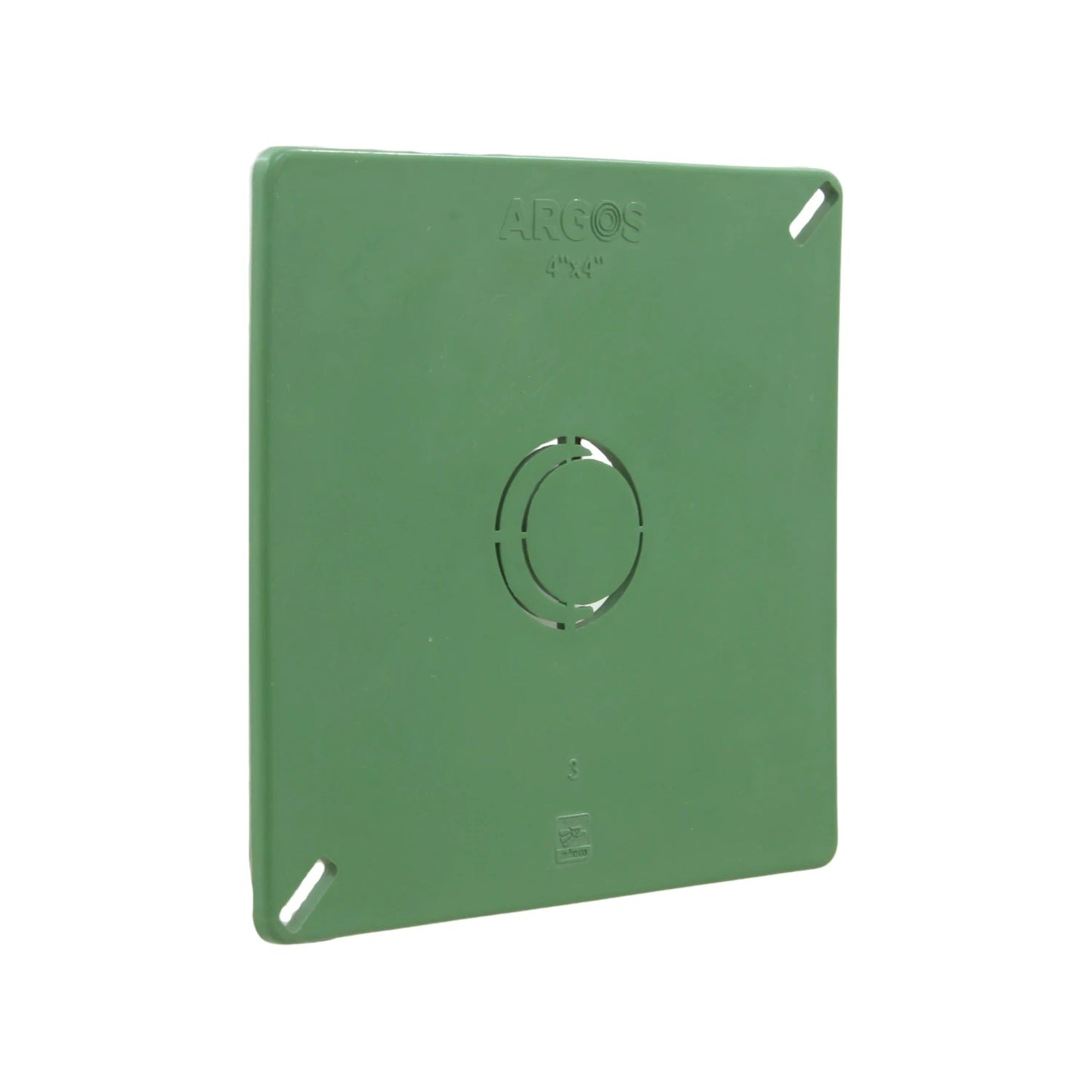 Tapa cuadrada verde Argos 4x4 para caja eléctrica, con knockout central y ranuras de montaje.