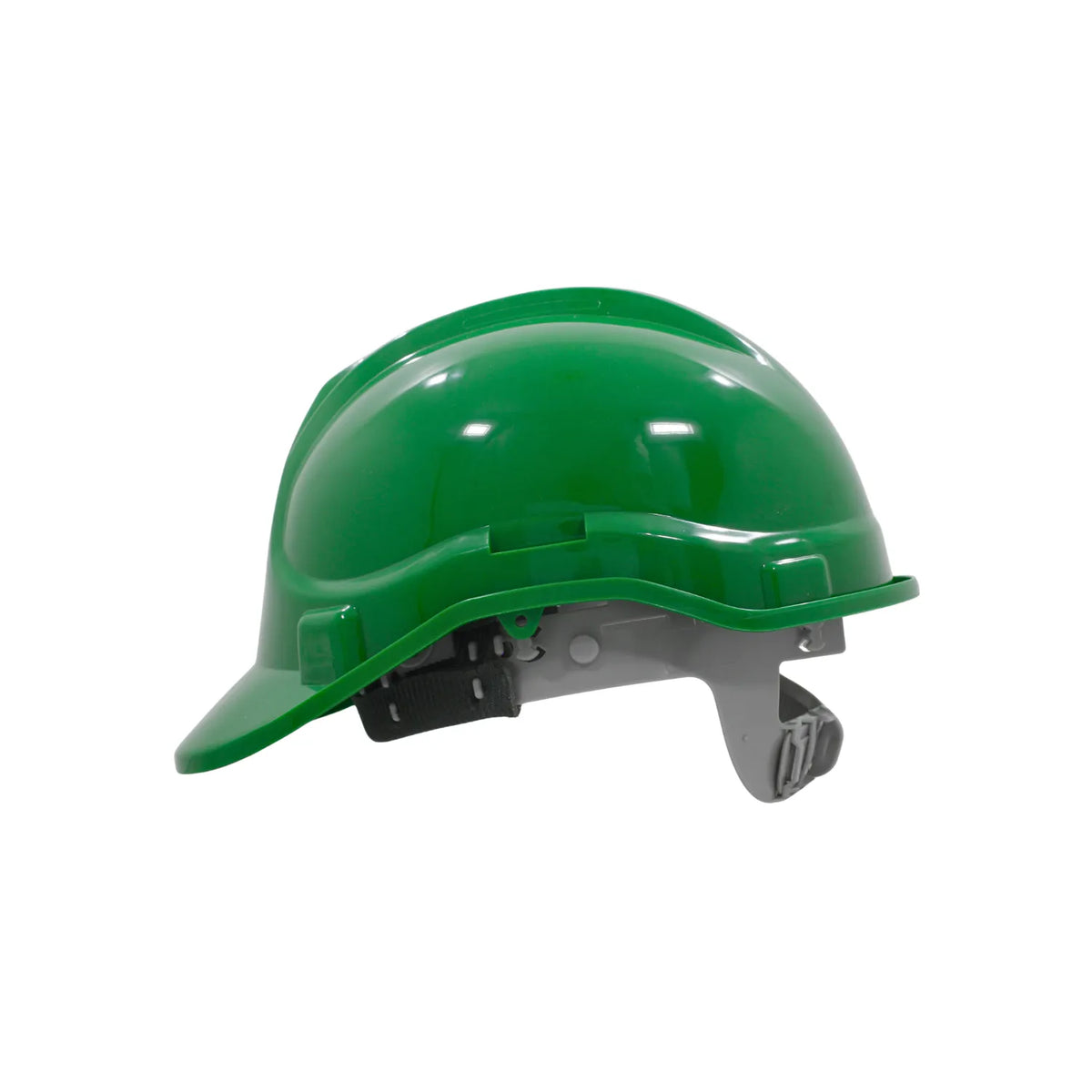 Casco de seguridad verde con suspensión ajustable para obras de construcción y protección industrial EPP.