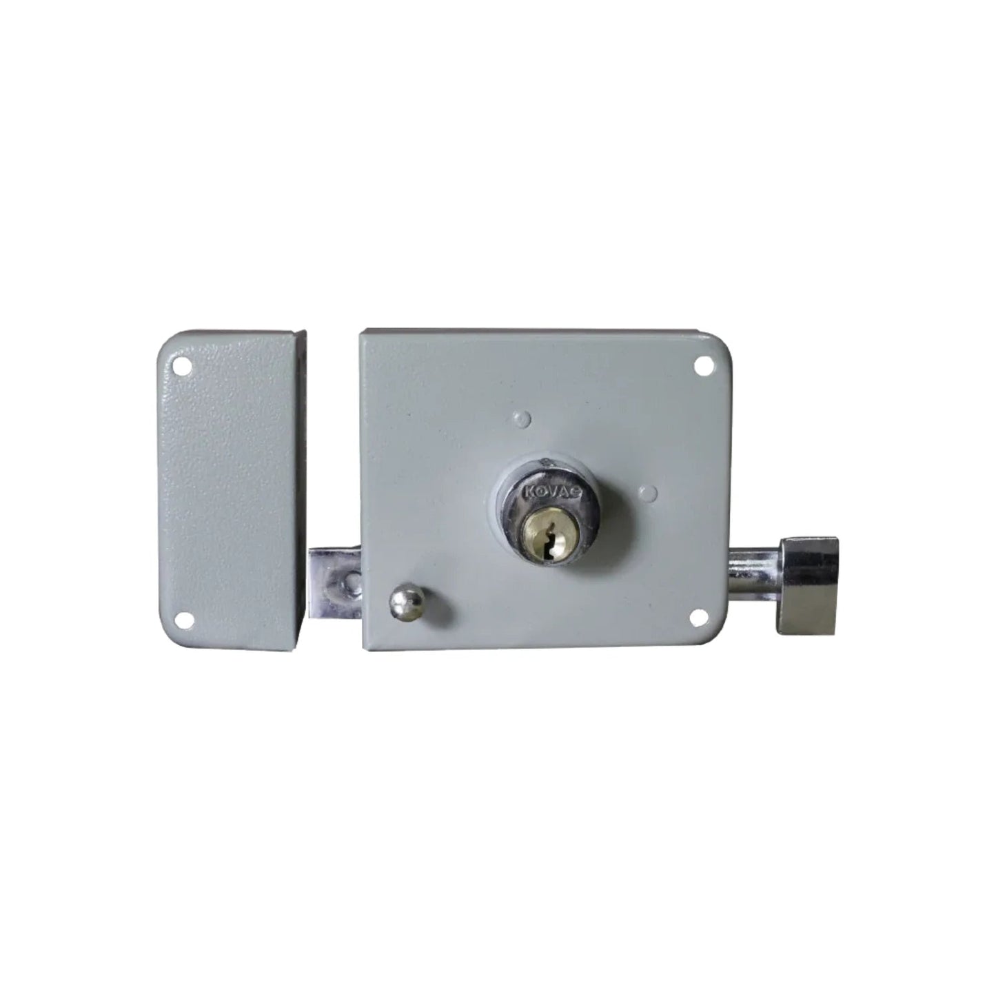 Cerradura sobreponer izquierda Kovac, chapa metálica gris para puerta con cilindro de seguridad