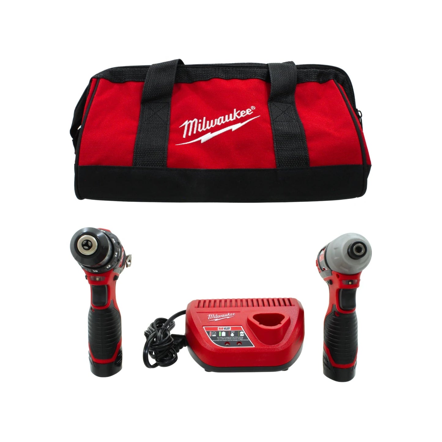 Kit combo Milwaukee M12: rotomartillo, atornillador de impacto, cargador y bolsa de herramientas roja/negra