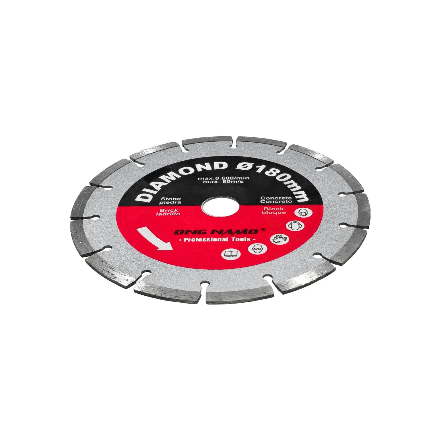 Disco diamantado segmentado Ong Namo 180mm para corte de concreto, piedra, ladrillo y bloque, gris y rojo.