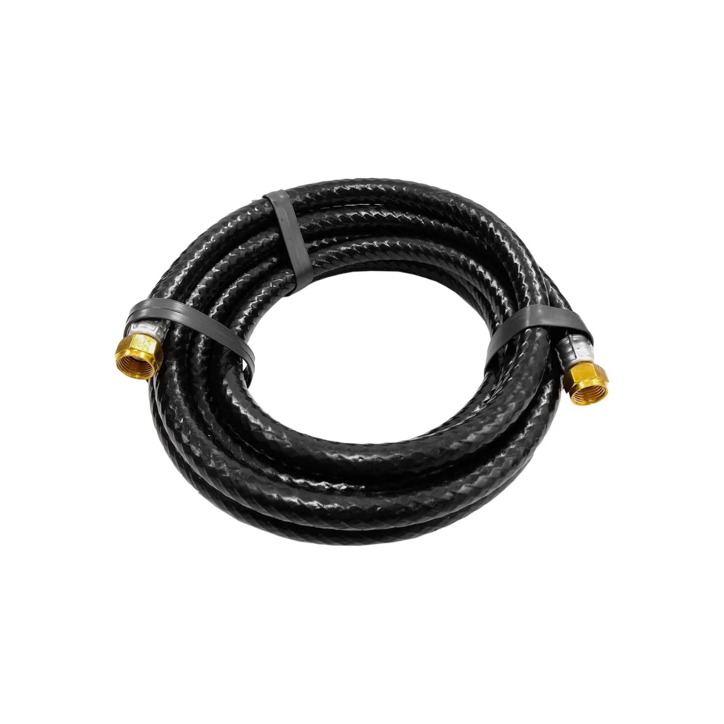 Manguera de gas negra enrollada con dos abrazaderas, terminales de latón dorado para conexión segura.