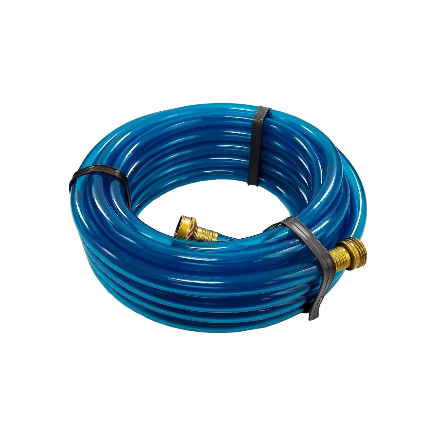 Manguera de silicón azul flexible enrollada con acoples de latón para jardín y agua.
