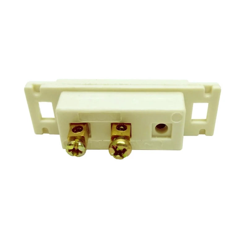 Apagador de pared sencillo blanco, vista trasera con terminales de tornillo para instalación eléctrica.
