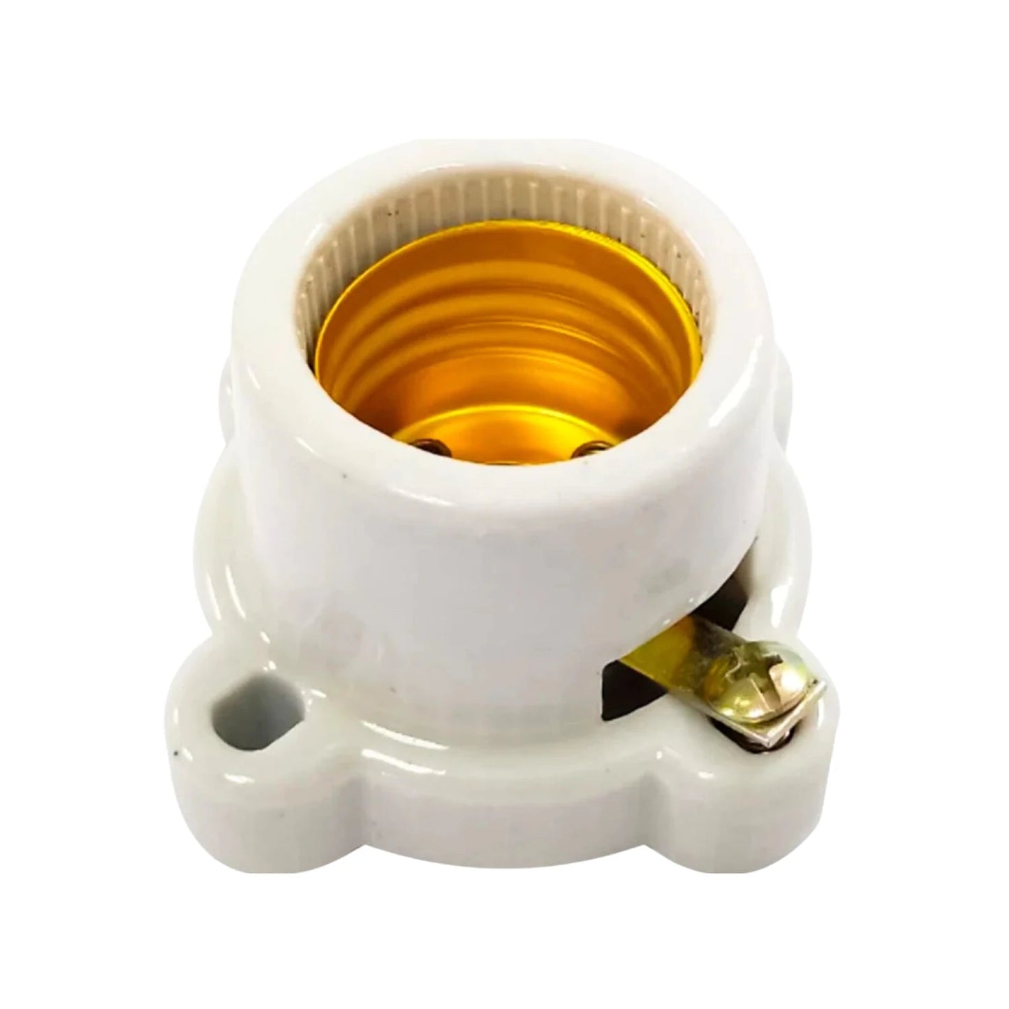 Socket de porcelana blanco para foco E27, base de sobreponer con terminal de tornillo.