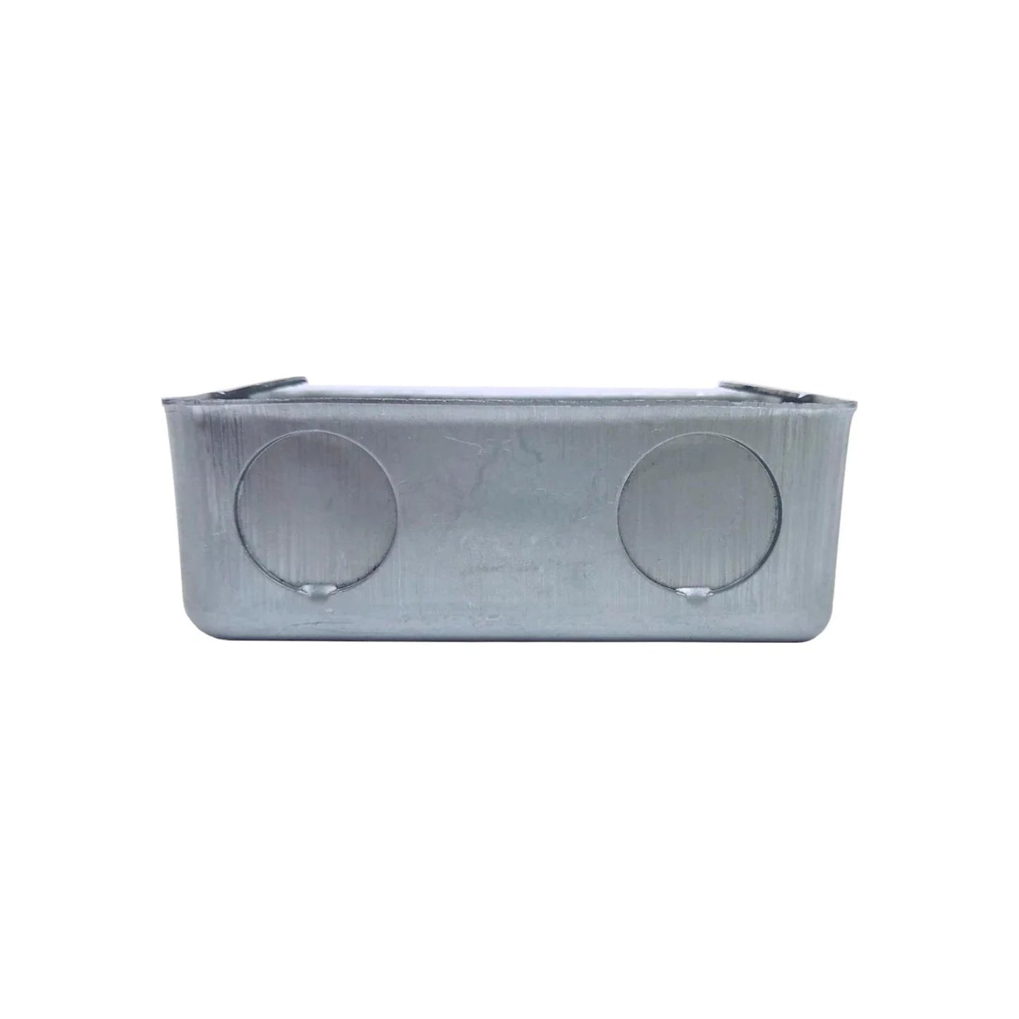Chalupa eléctrica rectangular galvanizada con dos entradas para tubería de 1/2 pulgada.