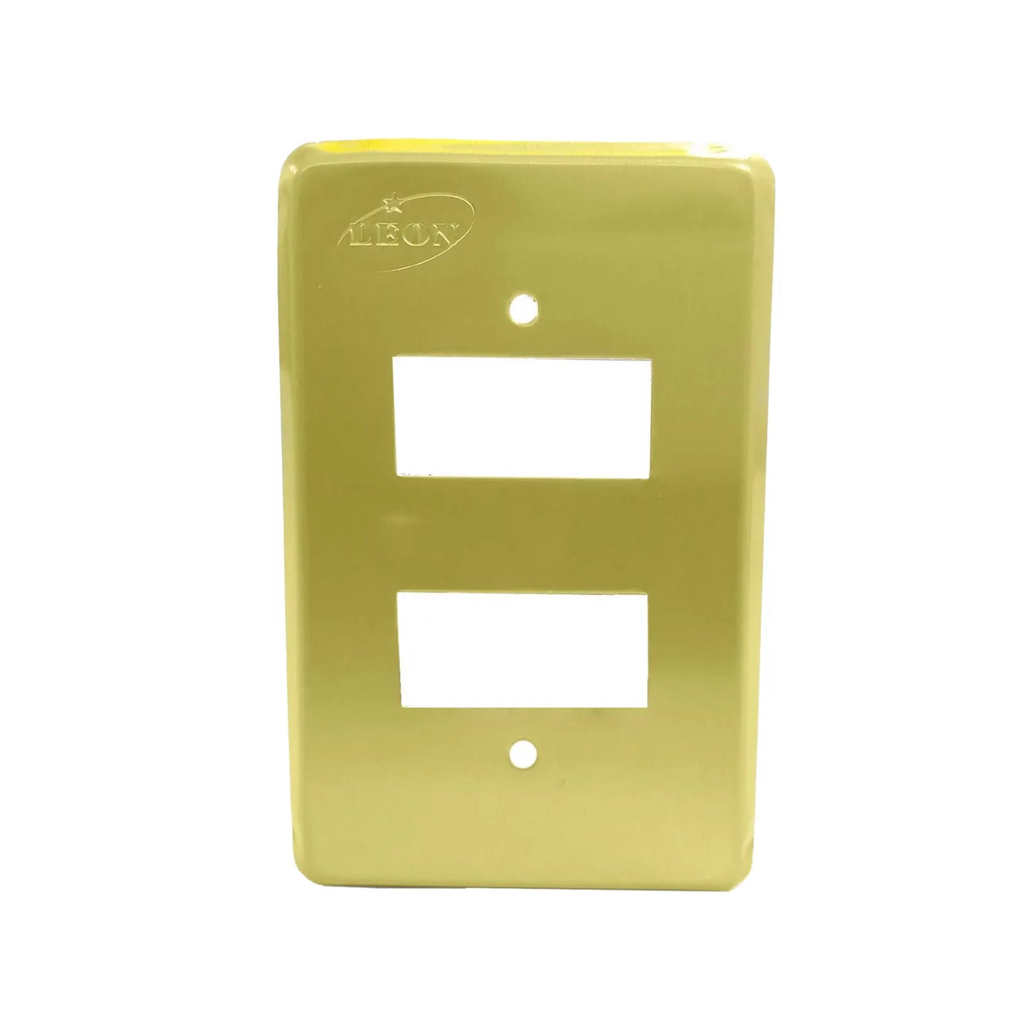 Fabricada en aluminio.,Placa de 2 ventana acabado dorado.,Incluye tornillos.,Para apagadores tipo italiano.