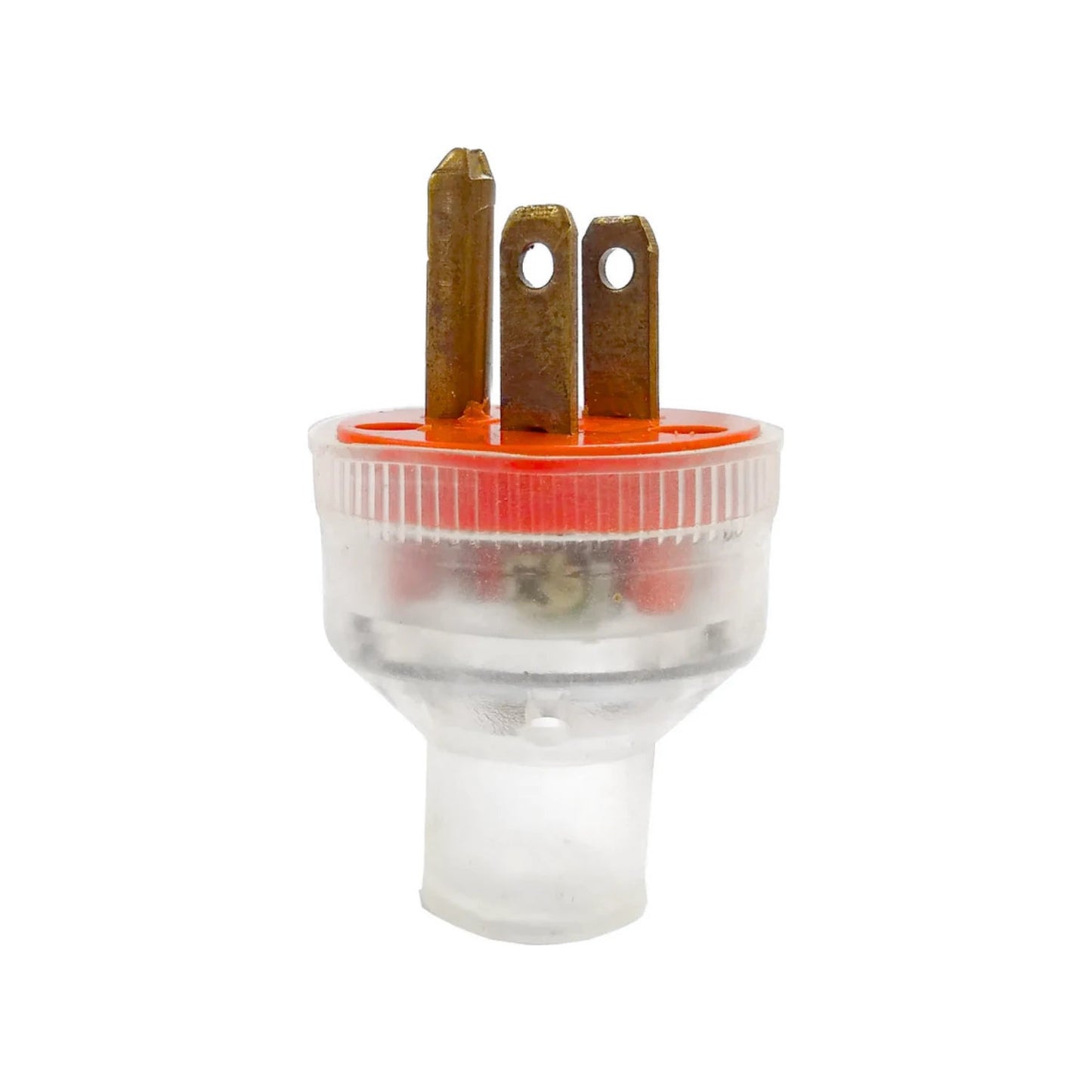 Clavija eléctrica aterrizada transparente de 3 puntas de latón con base naranja, para conexiones de corriente seguras.