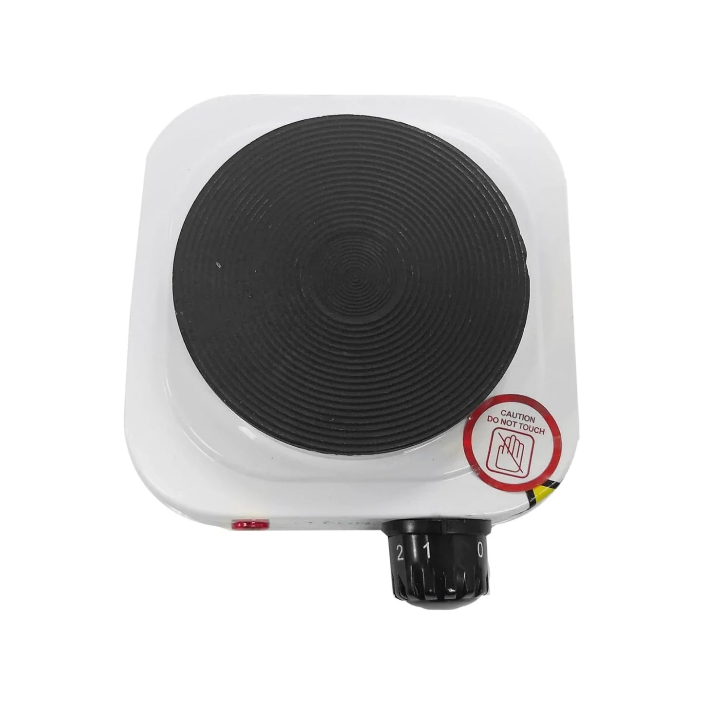 Parrilla eléctrica portátil de 1 quemador blanco con placa calefactora negra y control de temperatura ajustable.