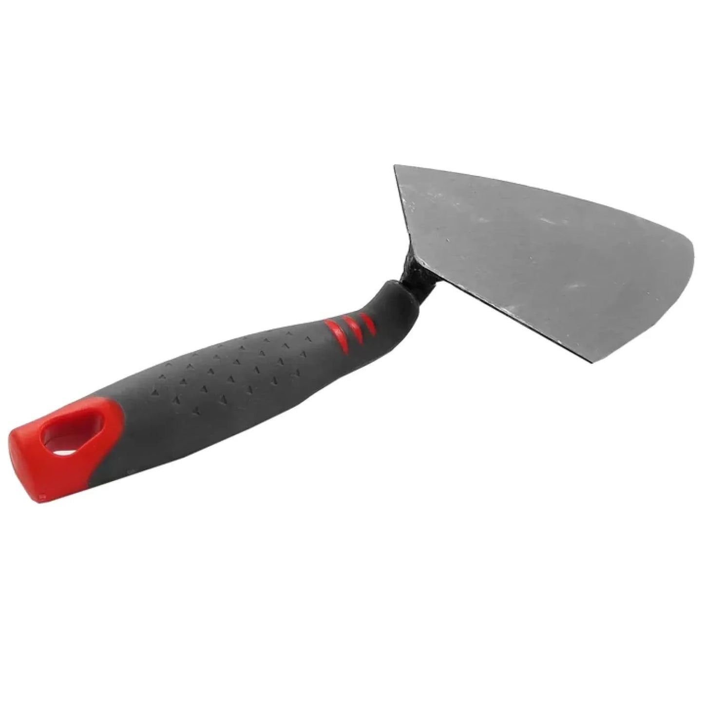 Paleta de albañil curva para esquinas, mango ergonómico antideslizante gris con detalles rojos, hoja de acero.