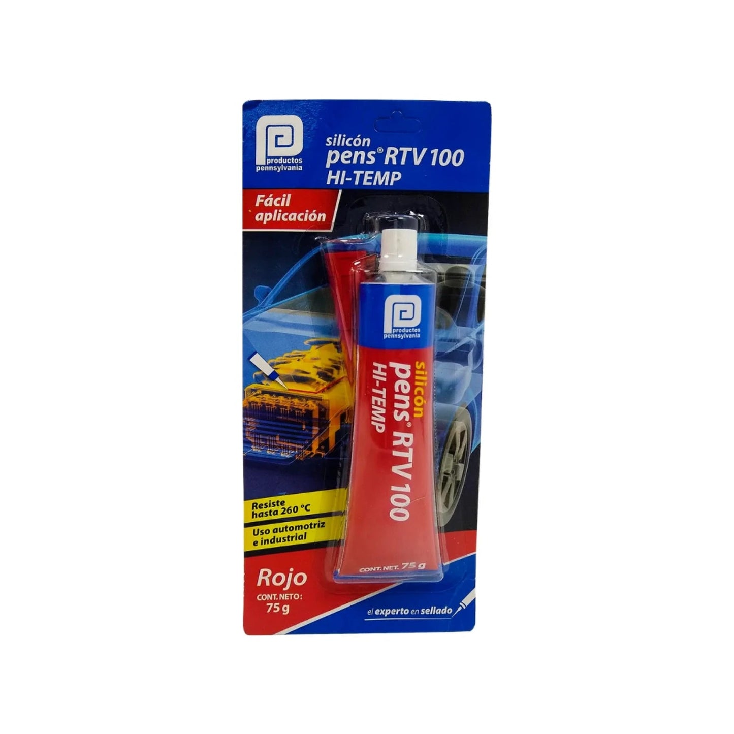 Sellador de silicón rojo Pennsylvania RTV 100 HI-TEMP 75g automotriz e industrial, resiste 260°C.