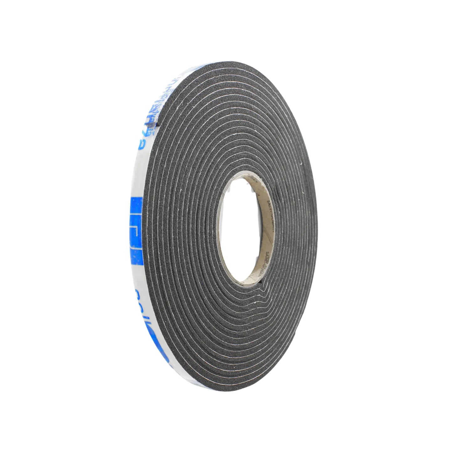 Burlete de espuma autoadhesiva negra Saint-Gobain para sellado y aislamiento de puertas y ventanas.