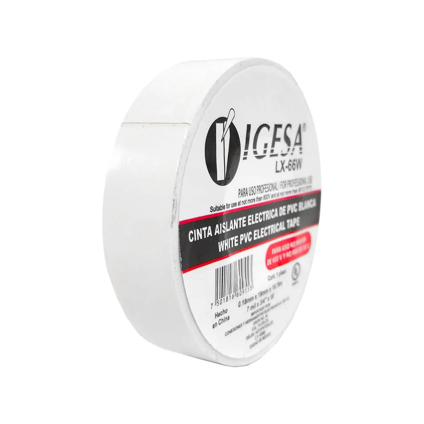 Cinta de aislar eléctrica Igesa LX-66W blanca PVC 16.76m apta para uso profesional hasta 600V