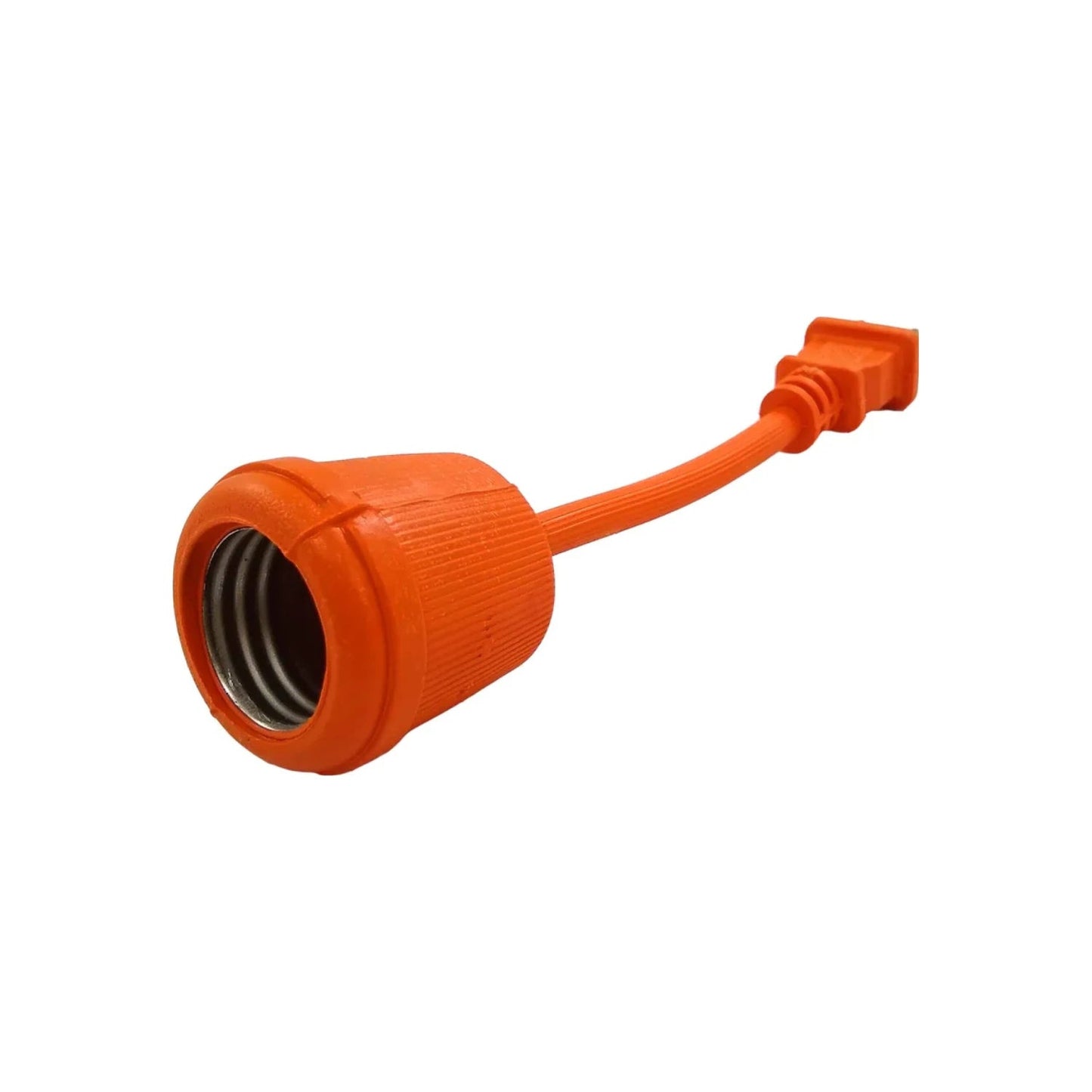 Adaptador de extensión eléctrico naranja con socket para foco E26/E27 y clavija de 2 polos, uso rudo.