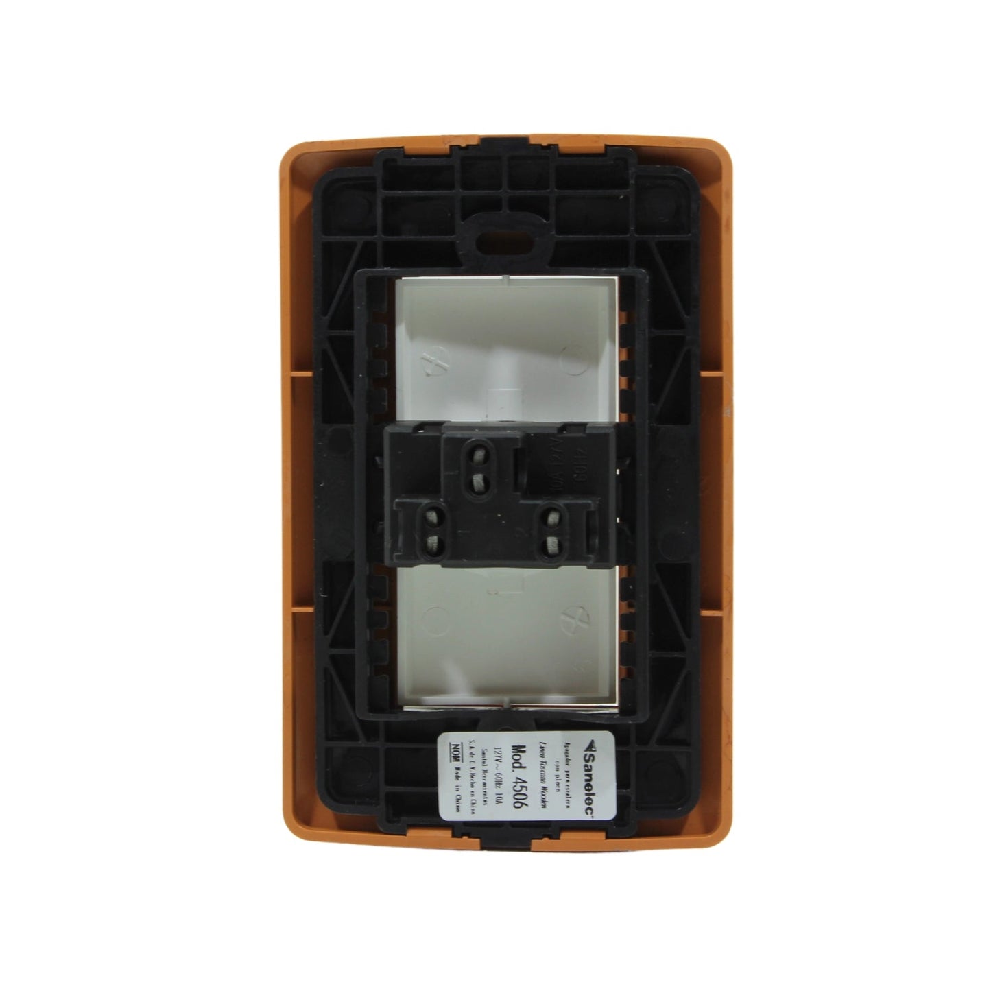 Placa Sanelec Mod. 4506 con interruptor eléctrico simple, 10A 127V, vista posterior en marco naranja terracota.