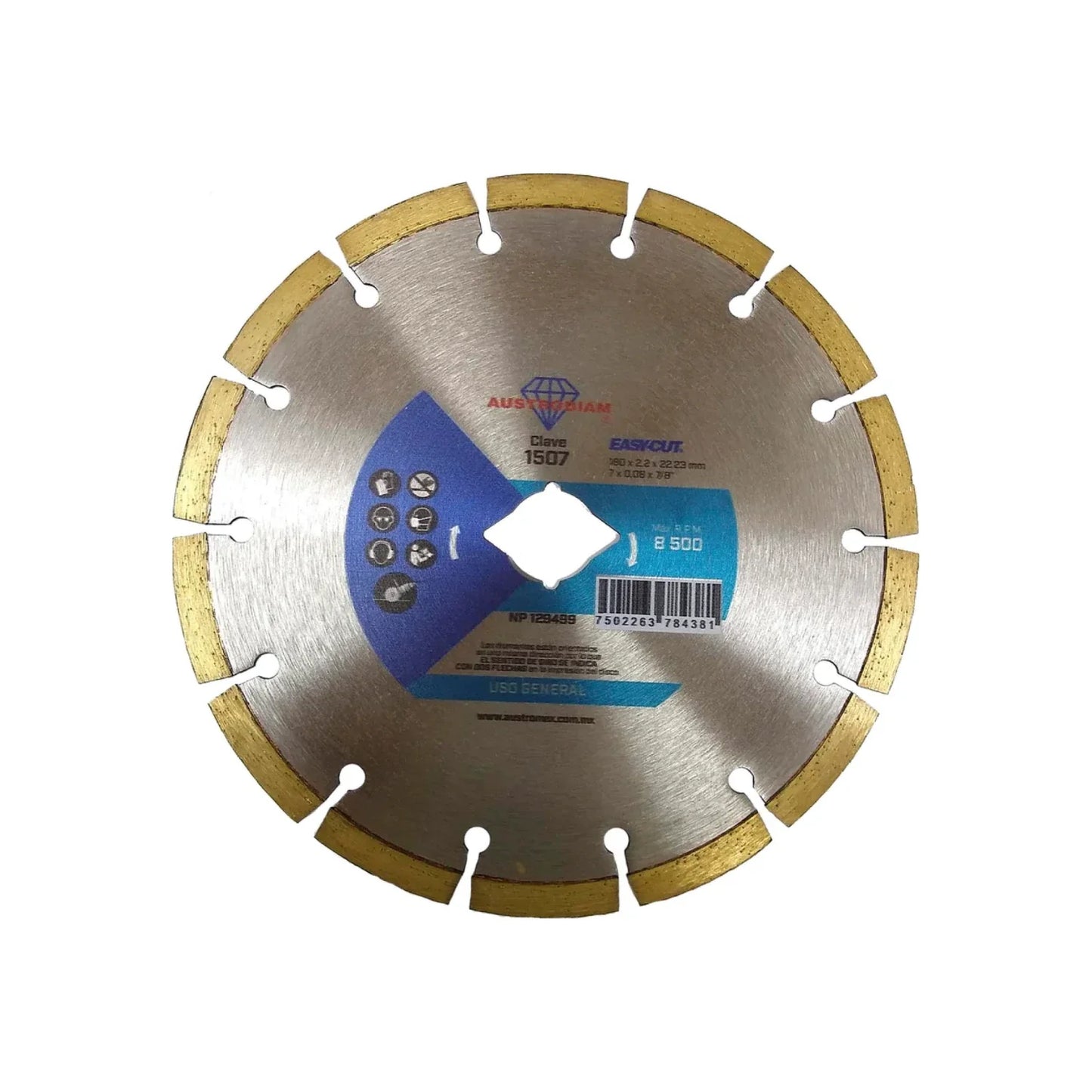 Disco de diamante rin segmentado.,Corte para materiales de construcción.,Diámetro: 7"(180 mm).,Eje: 7/8"(22.23 mm).,Espesor: 2.2 mm,Velocidad 8500 RPM,Uso no intensivo.,Ideal para concreto, mármol, granito o cantera.,No utilice para operaciones de desbaste.,Corte en seco.,Usar guantes y lentes de protección al momento de su uso.