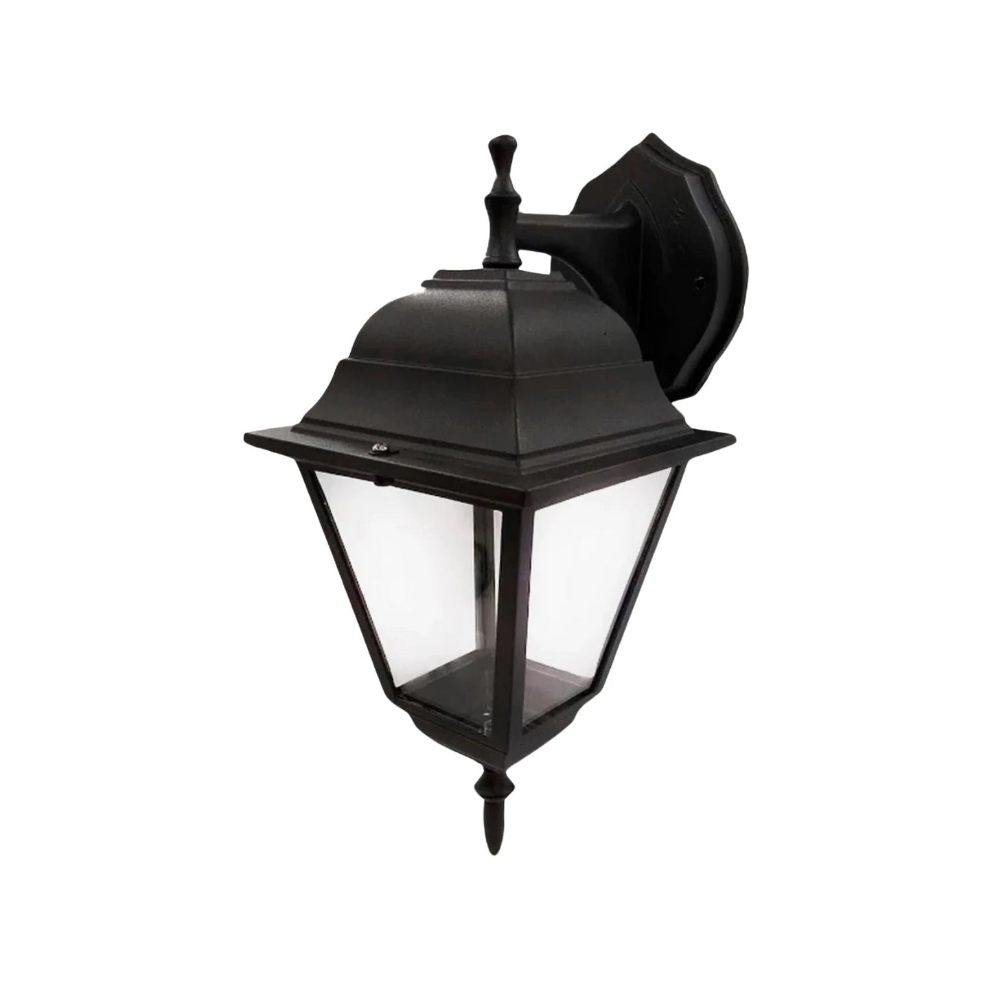 Farol de pared exterior negro, estilo clásico con paneles de vidrio, para iluminación de jardín, patio o fachada.