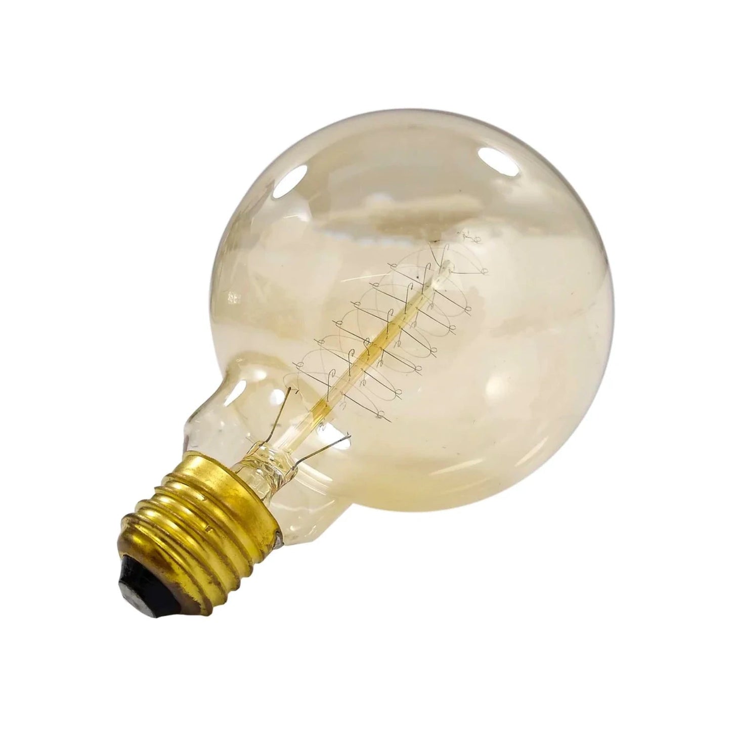 Foco vintage incandescente 40W tipo globo ámbar con filamento decorativo espiral y base de rosca dorada.