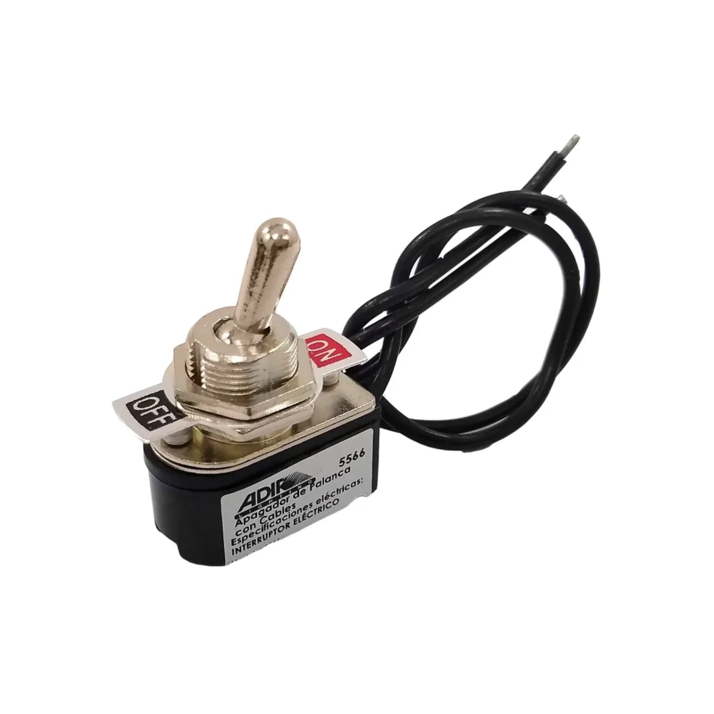 Apagador de palanca.,Apagador con cables.,Cuerpo metálico.,Indicador de prendido y apagado (ON-OFF).,Voltaje: 125 V,Corriente: 6 A
