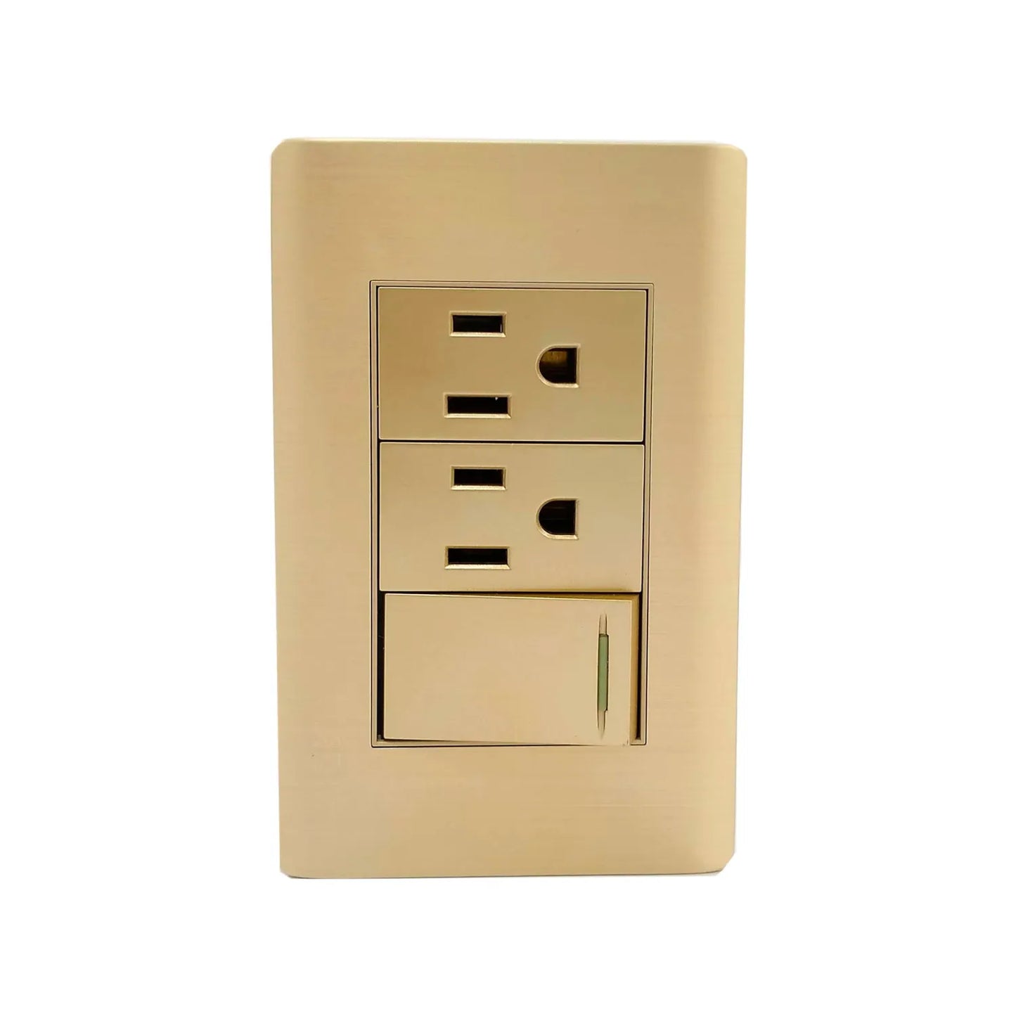 Fabricada de aluminio.,Placa un pagador y dos contactos.,Tomacorriente 127 V - 15 A - 60 Hz,Apagador 27 V – 10 A – 60 Hz,Incluye tornillos.,Con reflejante.,Línea: Rose Gold Florence.