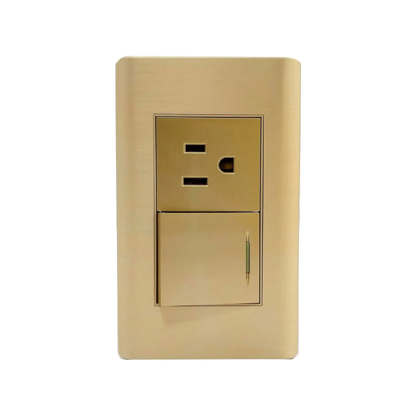 Fabricada de aluminio,Placa un apagador y un contacto.,127 V- 10 A – 60 Hz,Fácil instalación.,Con reflejante.,Línea Venecia Rose Gold Florence.