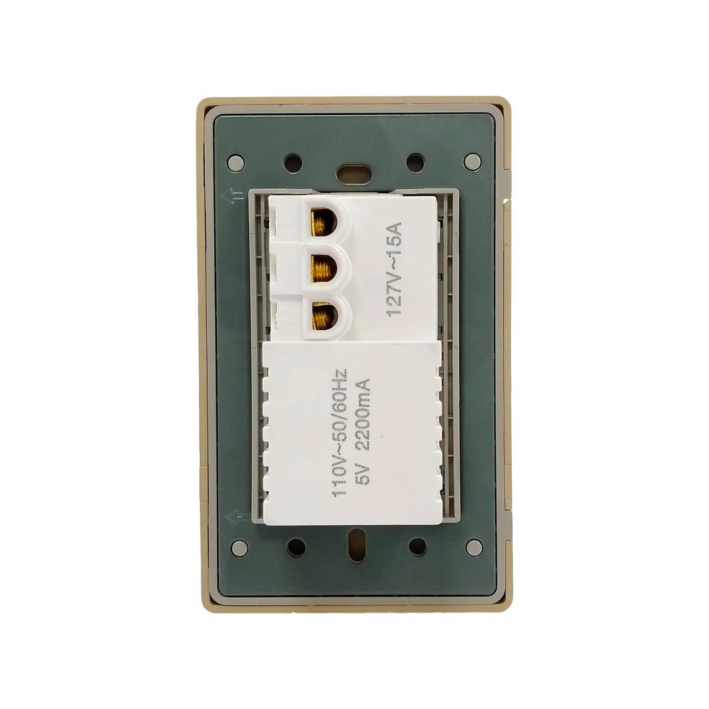 Placa eléctrica beige, vista trasera, con un contacto 127V 15A y cargador USB doble 5V 2.2A para instalación.
