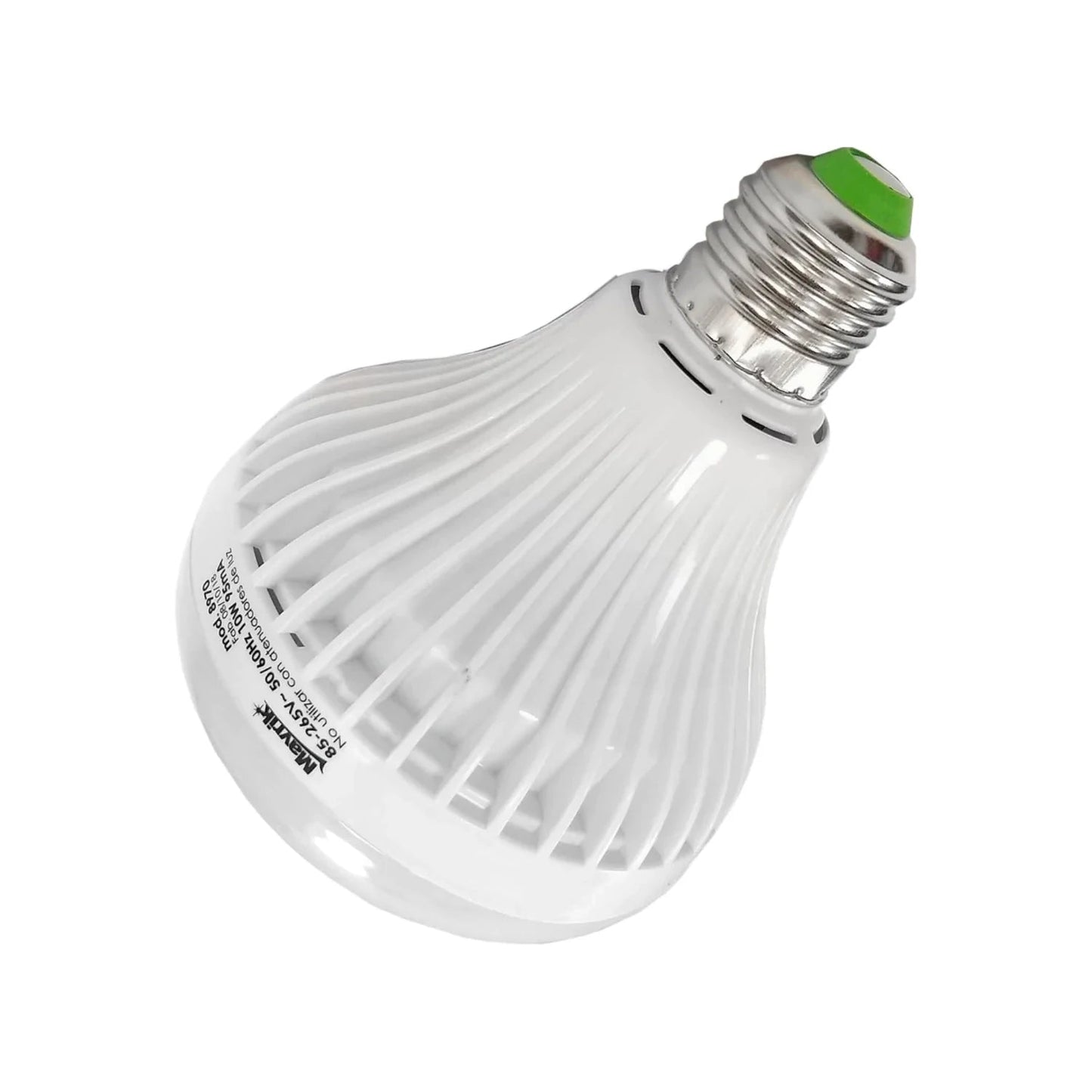 Foco LED blanco Mavrik 10W, rosca E27, para 85-265V. Bombilla de bajo consumo con diseño estriado y punta verde, no dimmable.