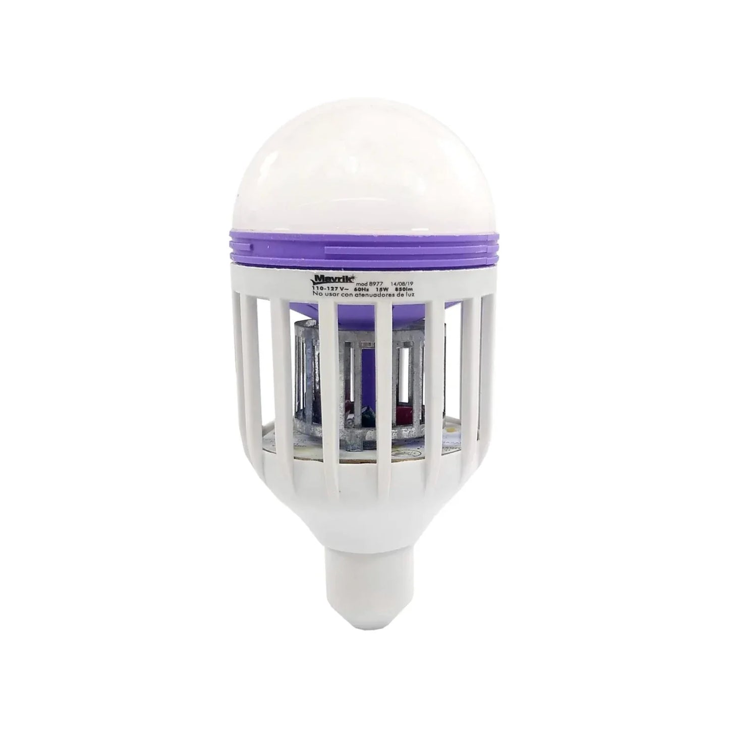 Luz blanca.,15 W,Equivalente a 200 W,110 – 127 V,60 Hz,850 lm,Base E27,No usar con atenuadores de luz.,Elimina cualquier tipo de insecto que haga contacto con la rejilla.