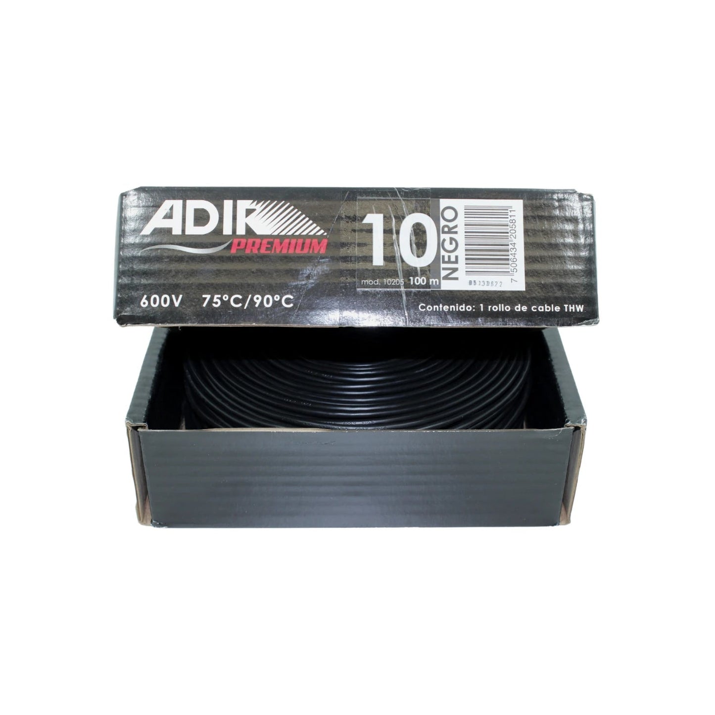 Cable eléctrico Adir THW #10 negro, 100 metros, 600V, 75°C/90°C para instalaciones eléctricas