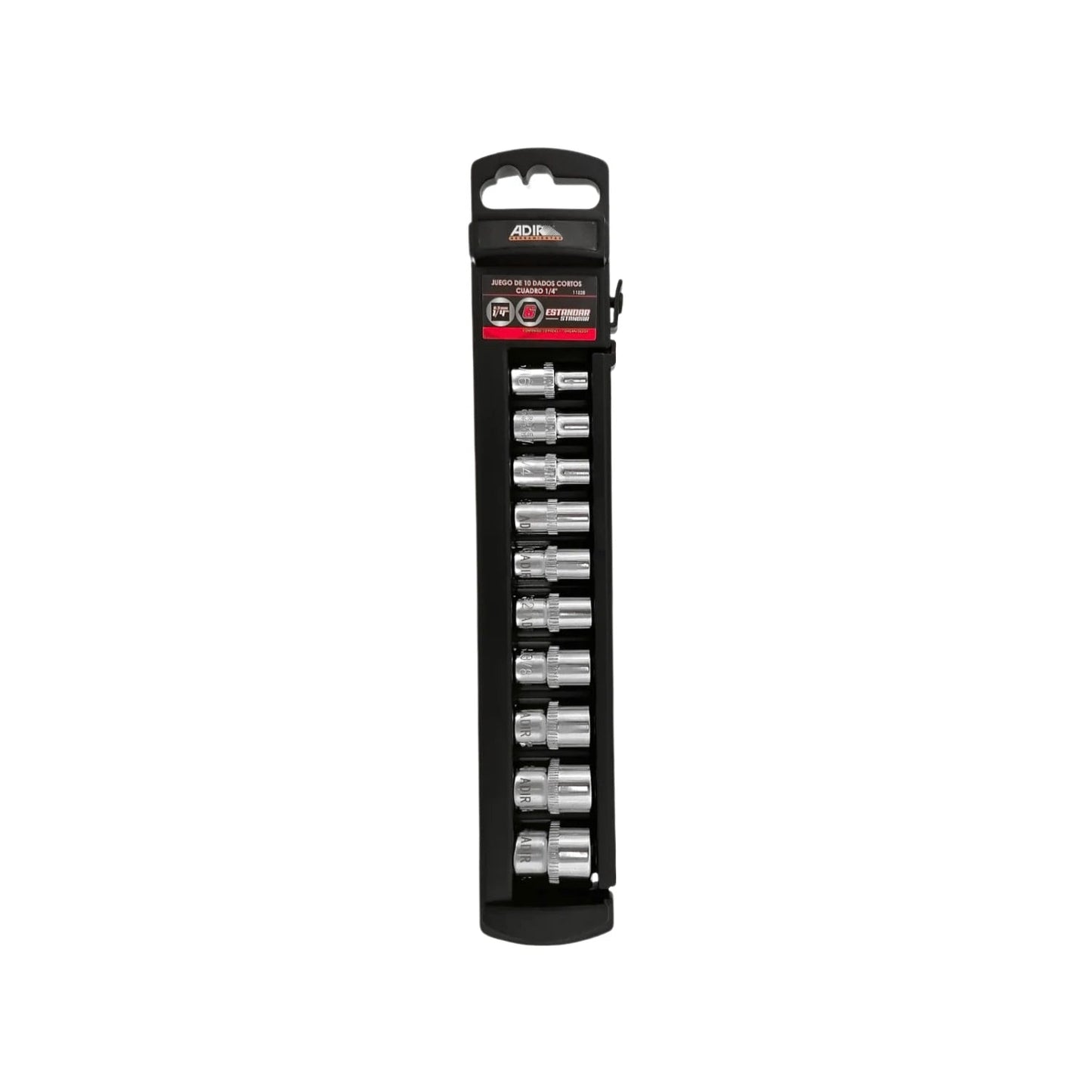 Juego de 10 dados cortos estándar Adir 1/4" cromados en organizador negro para mecánica