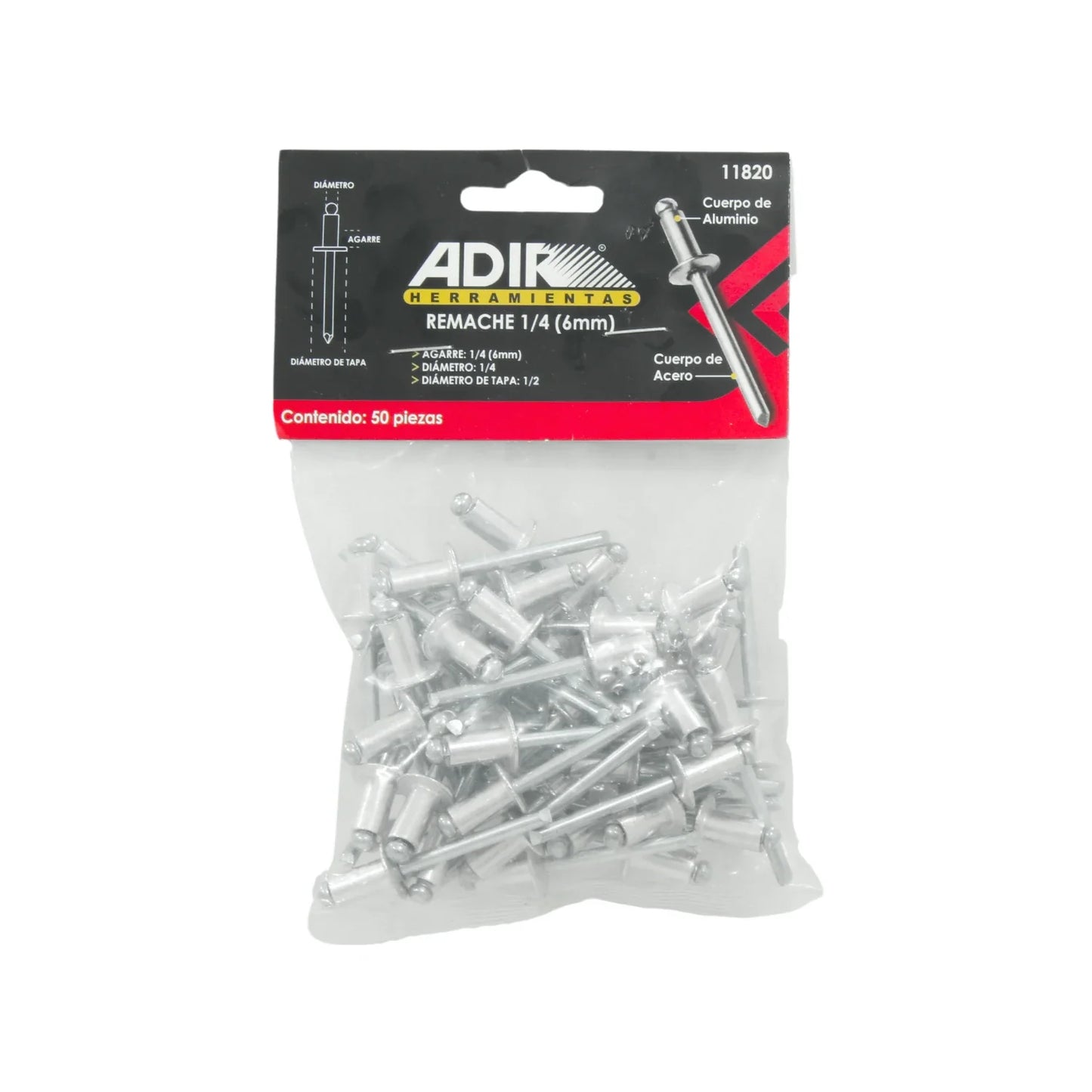 Remache 1/4"x1/2"x1/4" (06 mm) 50 piezas Adir 11820