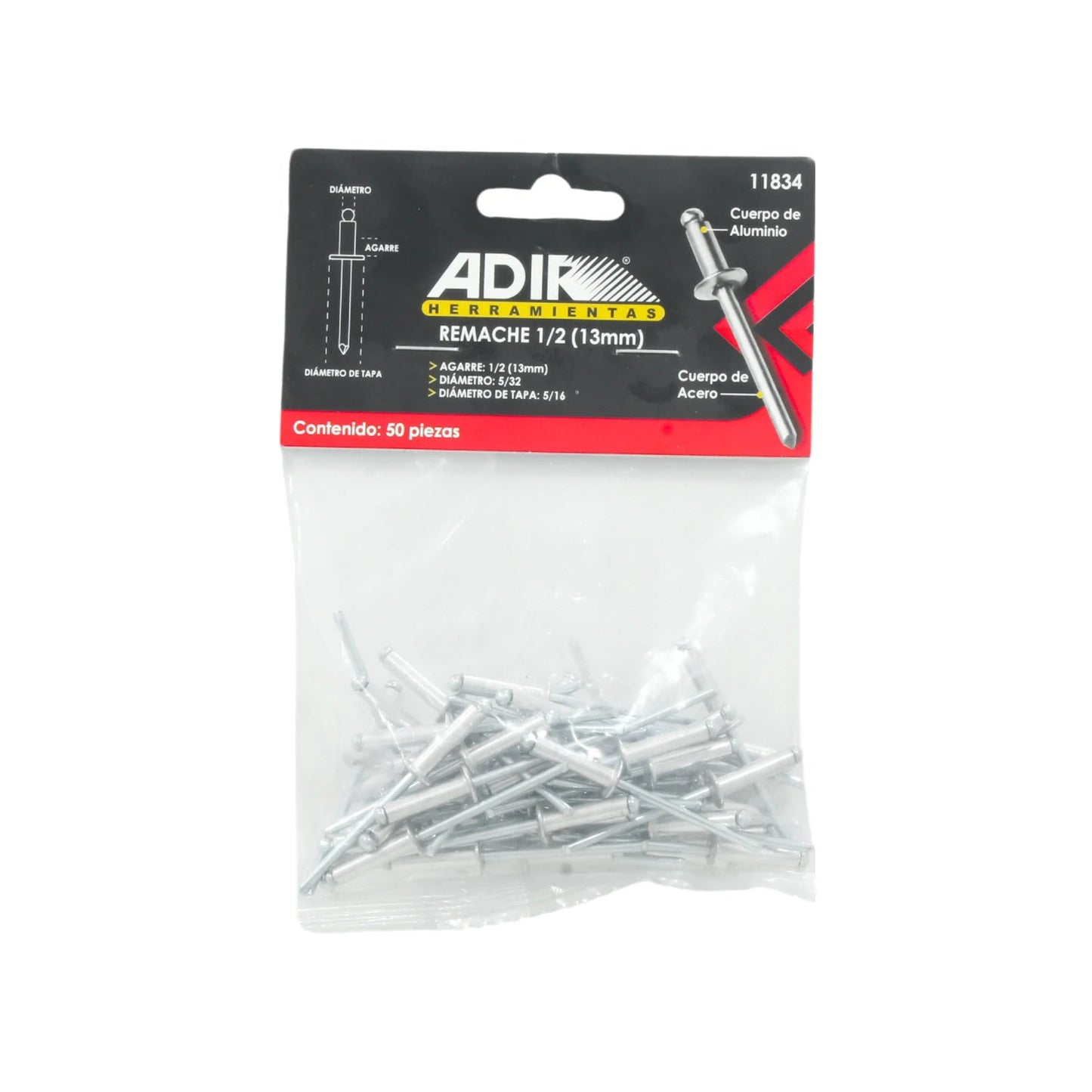 Remaches ciegos Adir 11834 de aluminio y acero, agarre 1/2 (13mm), 50 piezas para unión de láminas.