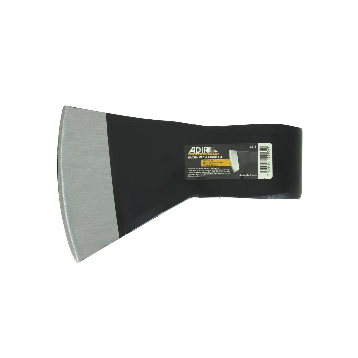 Acero SAE 1045,Forjado en acero al carbón.,Tratamiento térmico.,Hacha media labor #4,Ojo ovalado 45-50 HRC,Longitud: 20.5 cm