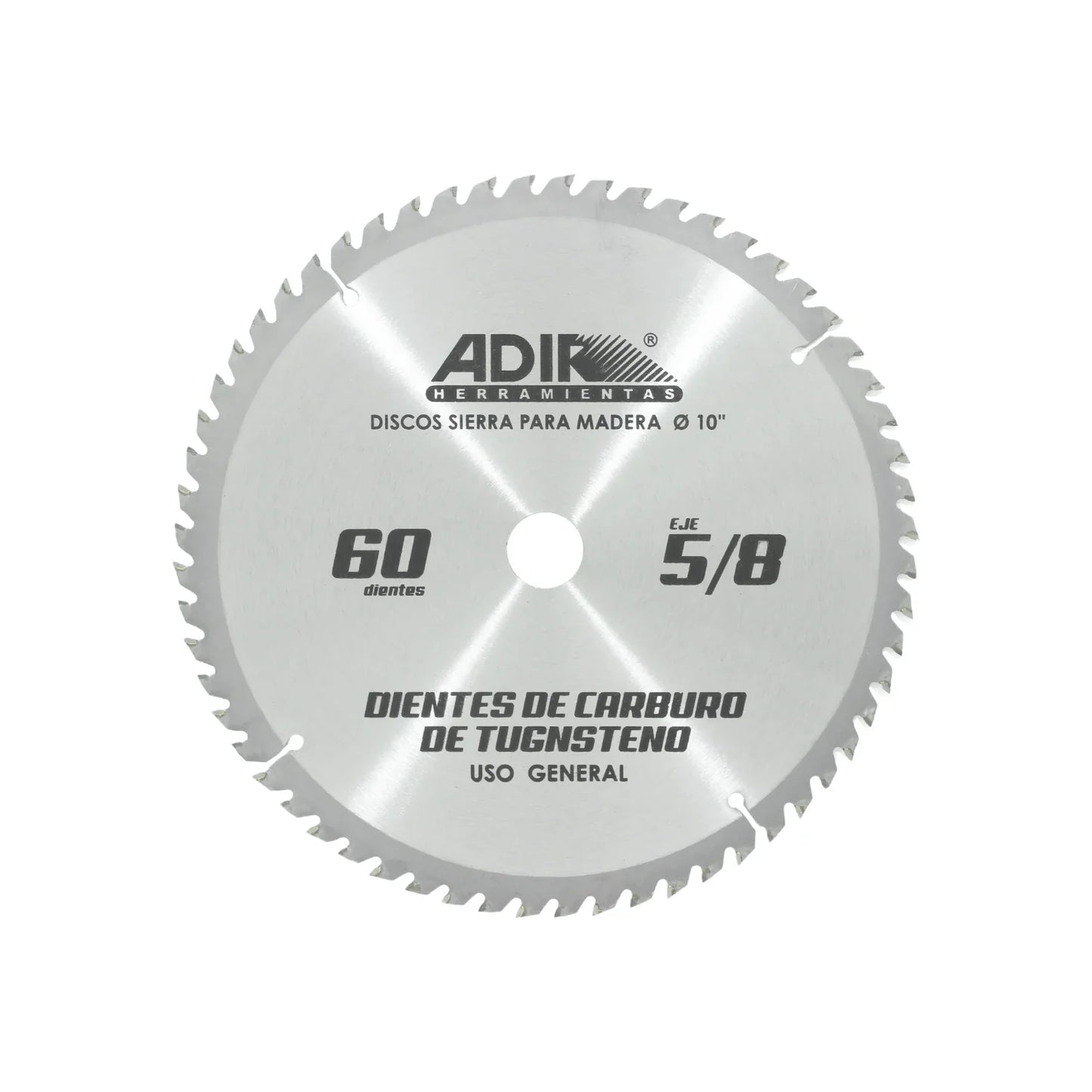 Disco sierra para madera.,Diámetro; 10” (25 cm),Eje de 5/8”,60 dientes.,Dientes de carburo de tungsteno.,Uso fino.