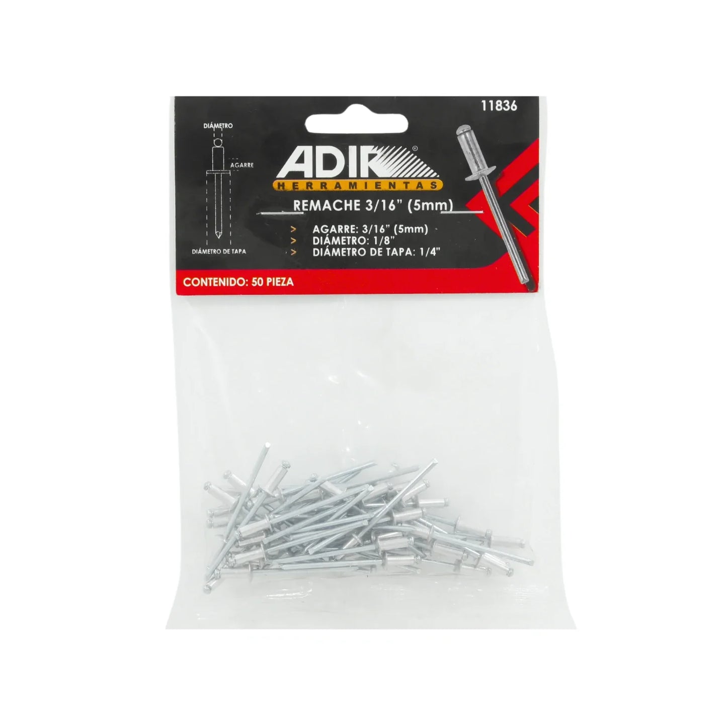 Remache 1/8"x1/4"x3/16" (5 mm) 50 piezas Adir 11836