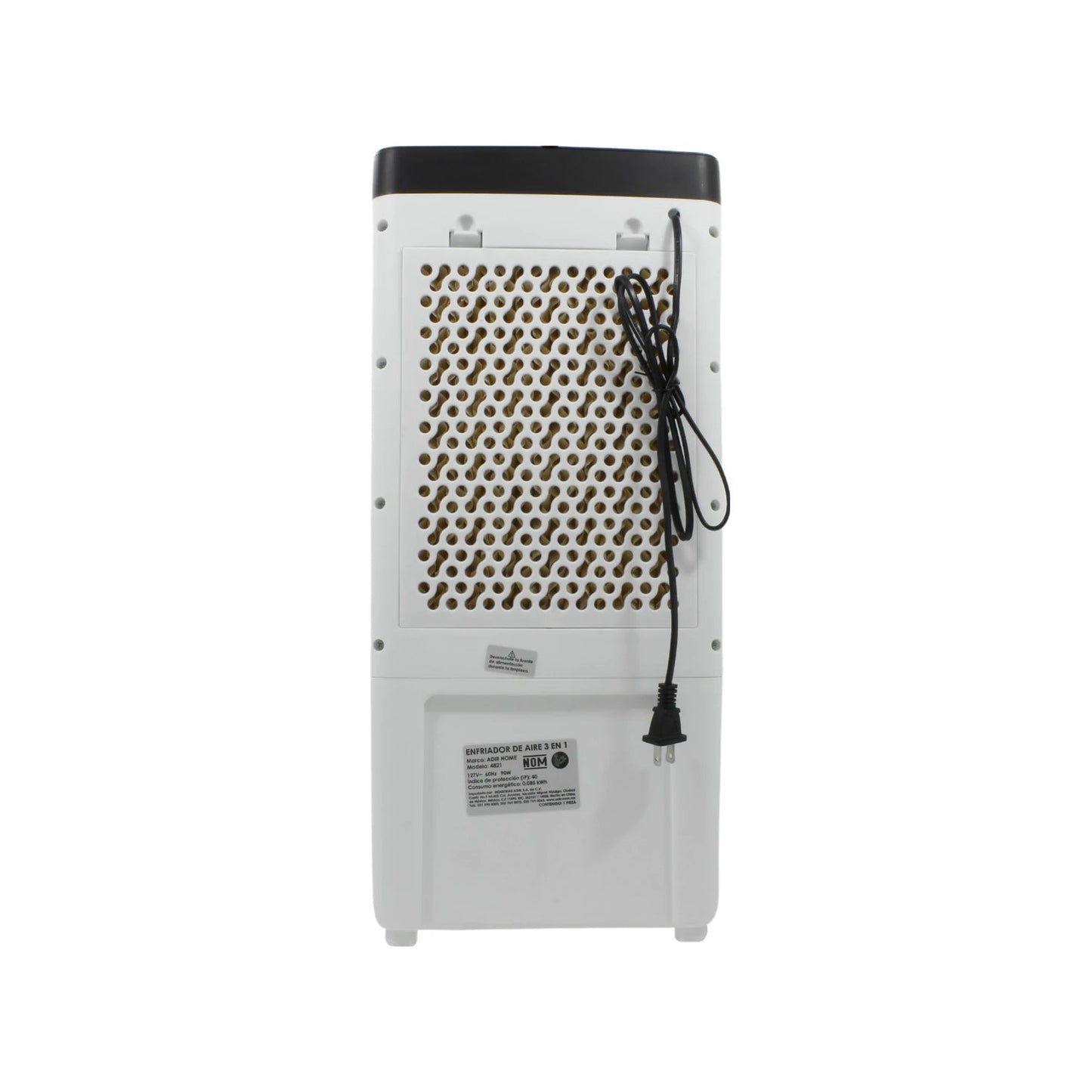 Enfriador de aire Adir 3 en 1 blanco y negro, vista trasera con rejilla y cable de alimentación, modelo 4821