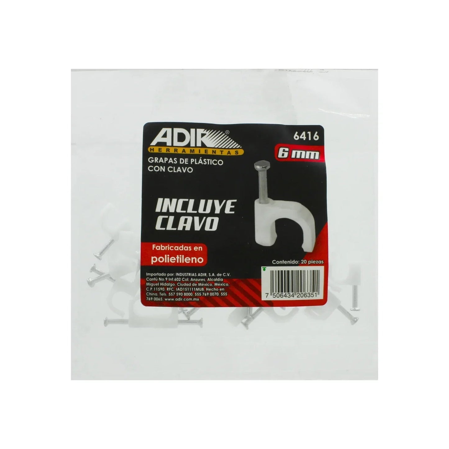 Grapas curvas de plástico Adir 6mm blancas con clavo para cables, paquete de 20 piezas de polietileno.