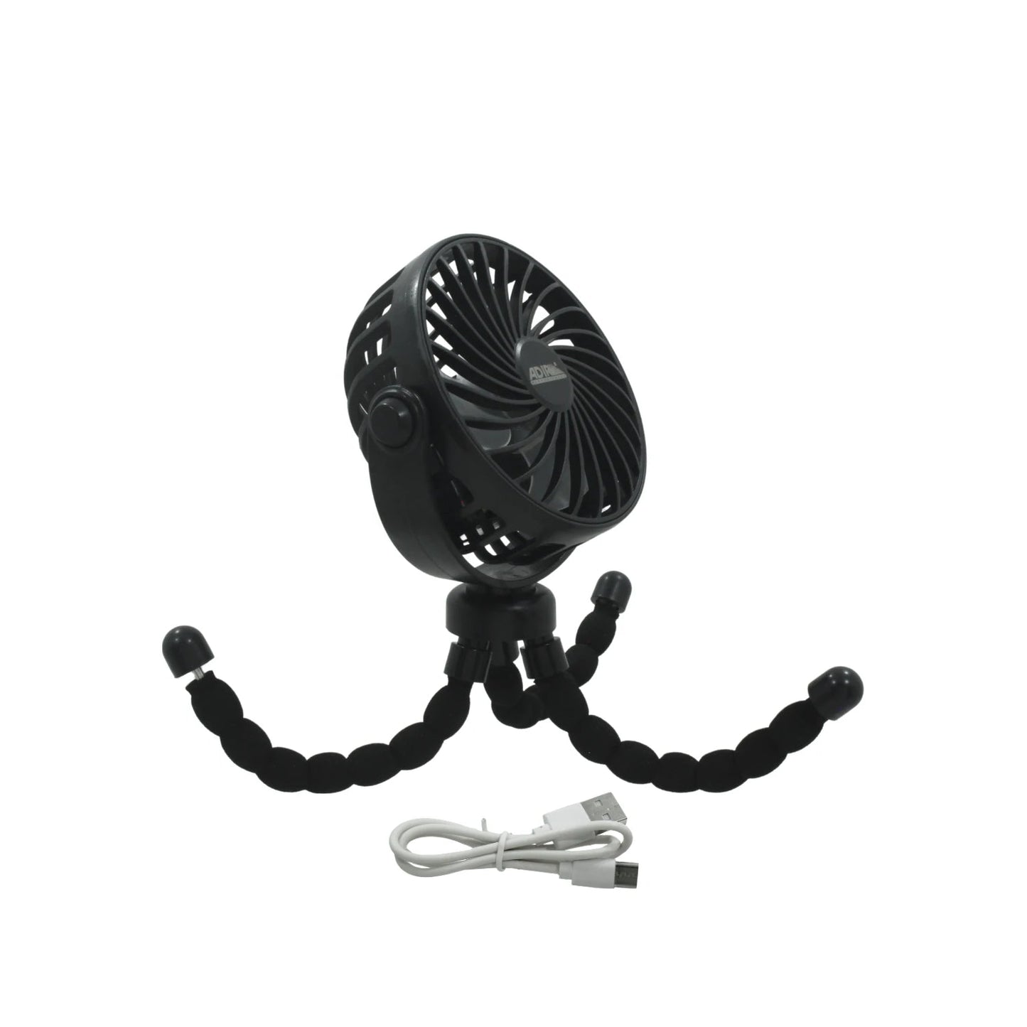 Ventilador mini portátil Adir negro con trípode flexible y cable USB para escritorio o camping.