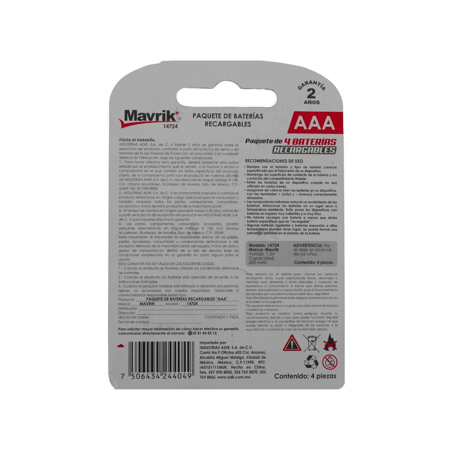 Baterías recargables AAA Mavrik paquete de 4 piezas 1.2V y 600 mAh para uso doméstico y profesional.
