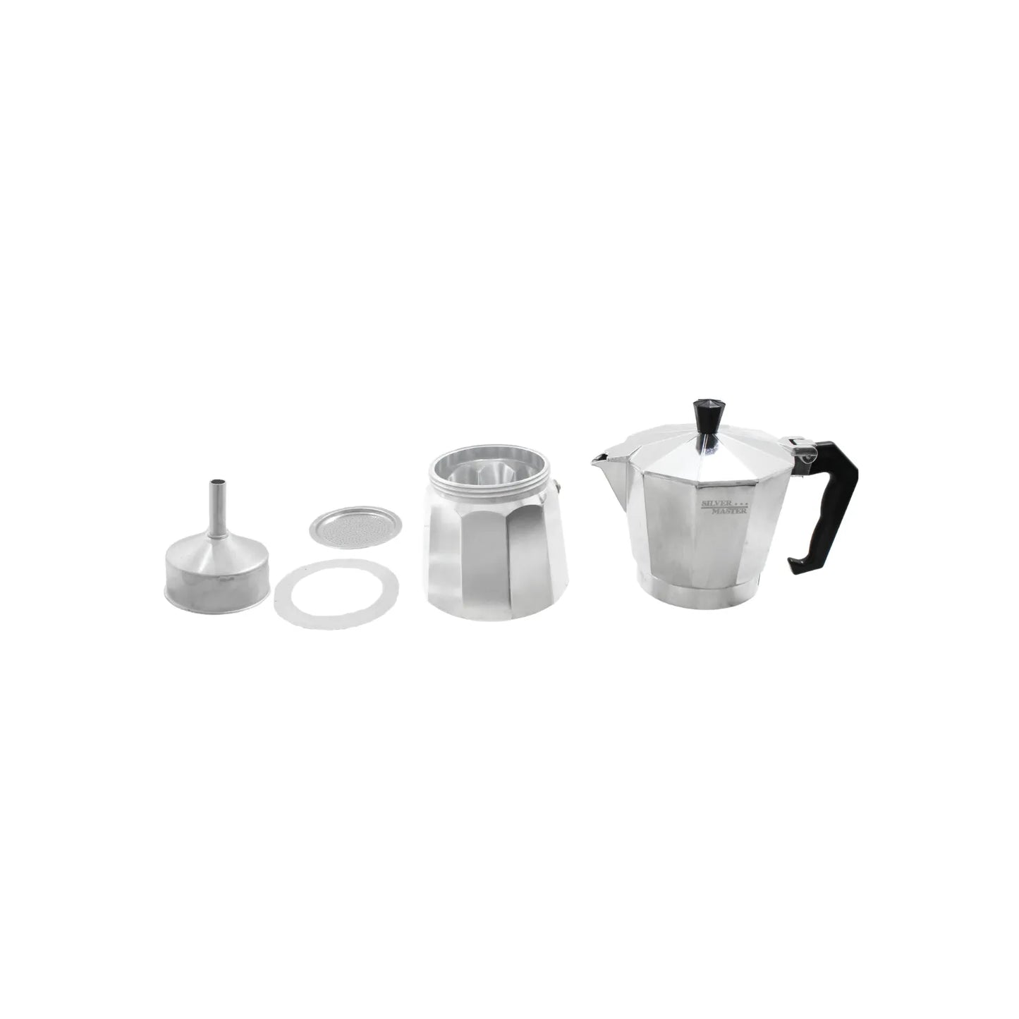 Cafetera italiana Silver Master de aluminio plateado desmontada con filtro, junta y base para preparar café moka.