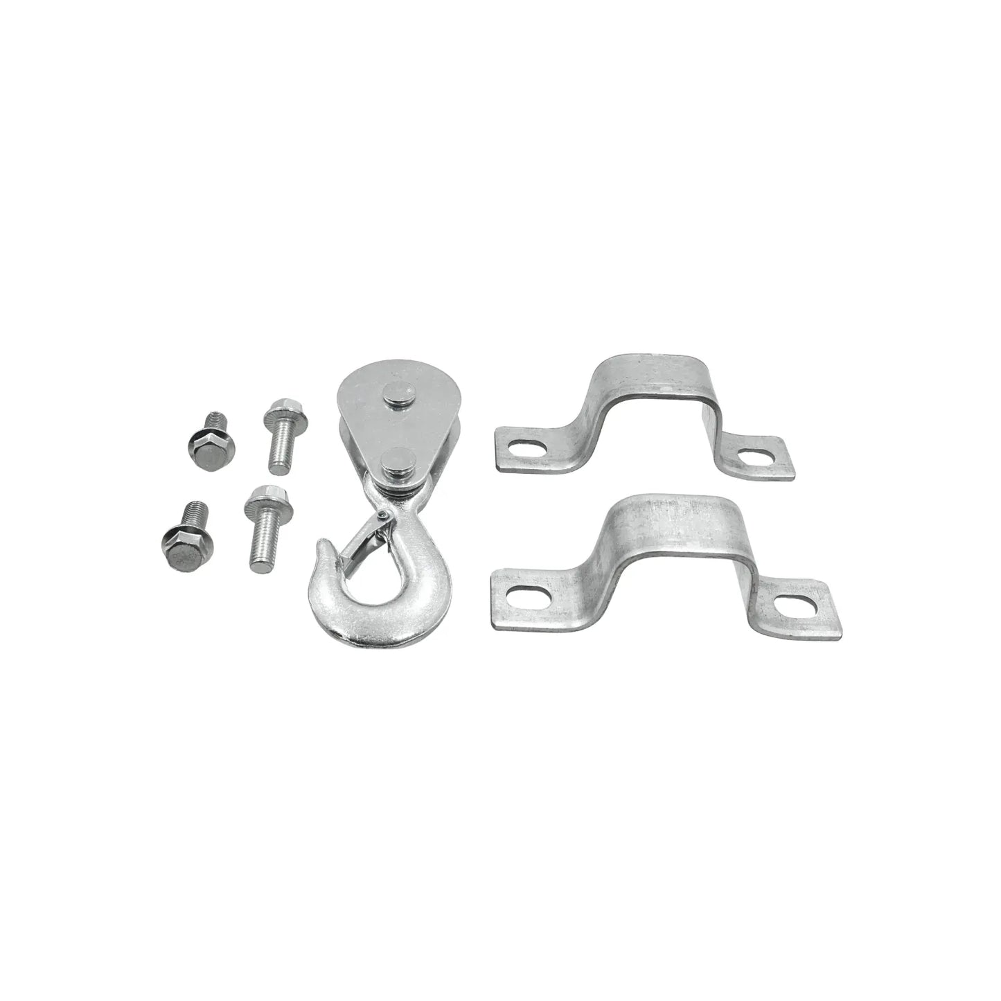 Kit de polea con gancho de seguridad, dos soportes metálicos y pernos hexagonales en acero galvanizado.