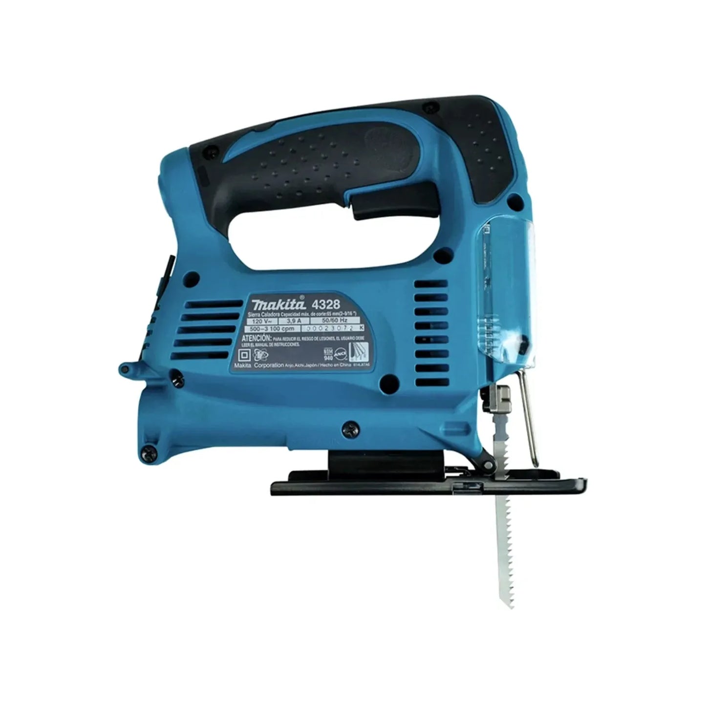 Sierra caladora eléctrica Makita 4328 de velocidad variable con cuerpo azul y mango ergonómico para cortes precisos