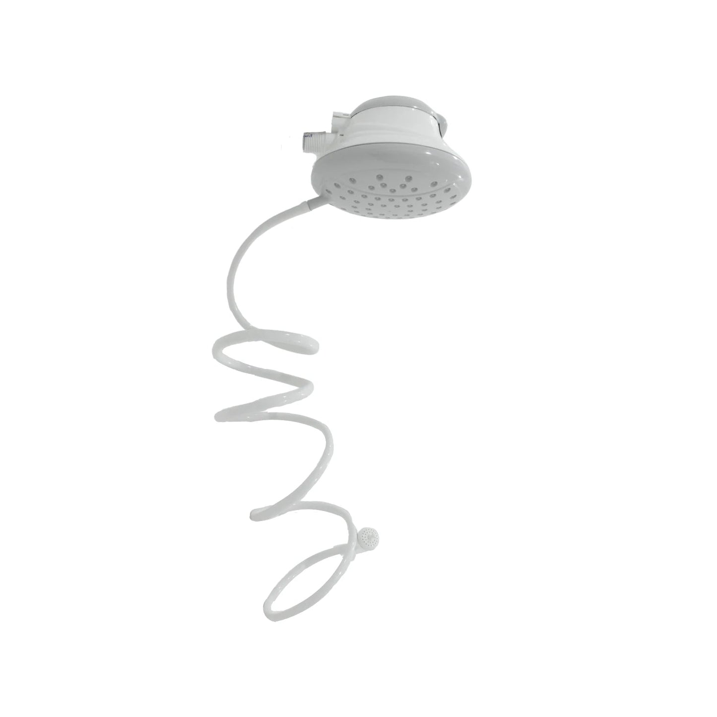Regadera eléctrica blanca y gris con manguera espiral y ducha de mano.