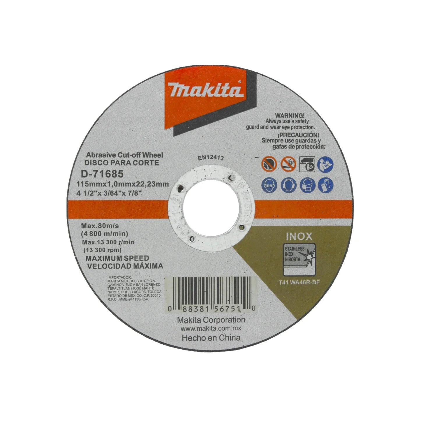 Información Técnica., Alto desempeño para cortes rápidos en acero inoxidable., Para uso en mini esmeriladora angular., Diámetro: 4 1/2” (115 mm), Eje: 7/8” (22,23 mm), Espesor: 3/64”, Velocidad: 4,800/min, Máxima velocidad: 80 m/s\n\n<strong>La imagen puede diferir un poco del producto final.</strong>