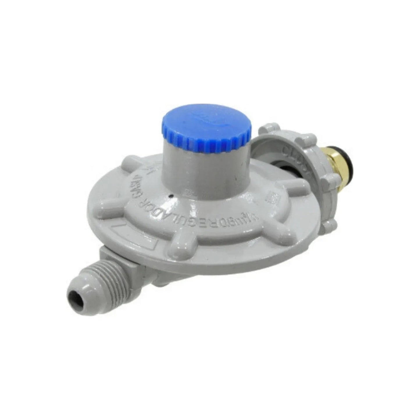 Regulador de gas LP gris con maneral azul, rosca baja presión para instalaciones domésticas