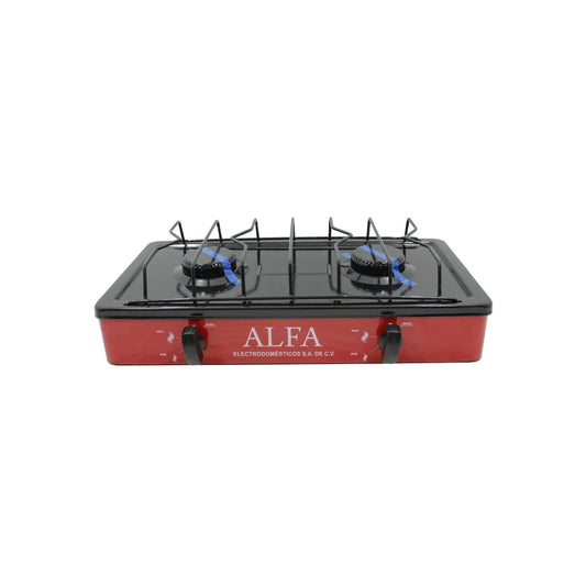 Fabricada en acero.,Quemadores: 2,Cuerpo con pintura electrostática.,Cubierta de acero porcelanizada.,Válvula de seguridad.,Parrilla de gas.,Largo: 47 cm,Ancho: 25 cm,Alto: 12.5 cm,Dos perillas.