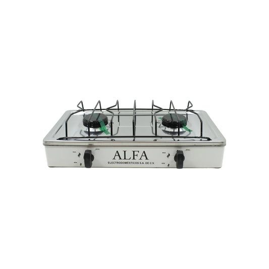 Cuerpo totalmente de acero inoxidable.,Quemadores: 2,Cubierta totalmente de acero inoxidable.,Válvula de seguridad.,Parrilla de gas.,Largo: 48 cm,Ancho: 31 cm,Alto: 13 cm,Dos perillas.